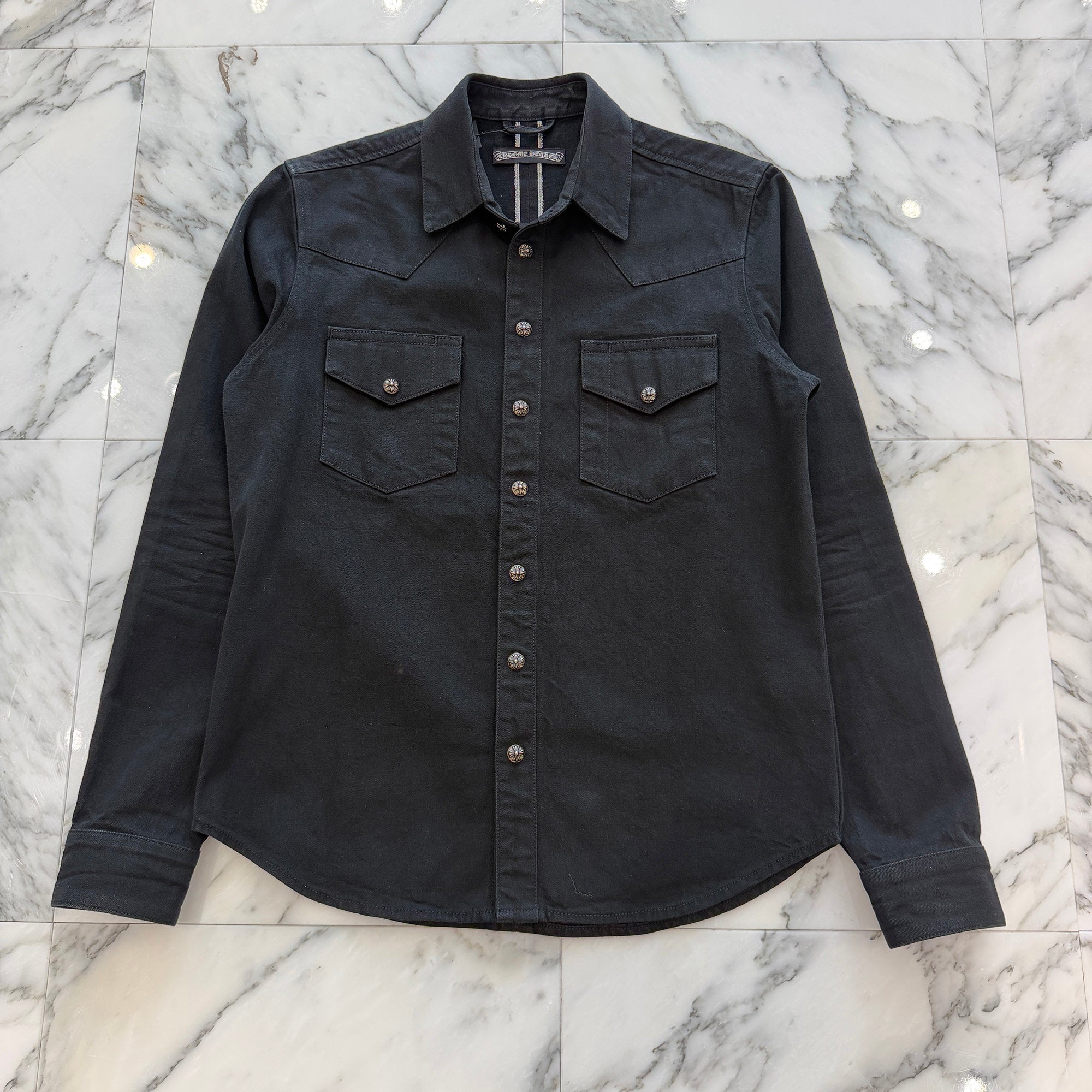 CHROME HEARTS Leather Cross Patch Western Denim Shirt Size SM クロムハーツ オールド レザー クロスパッチ ウェスタン デニムシャツ サイズSM