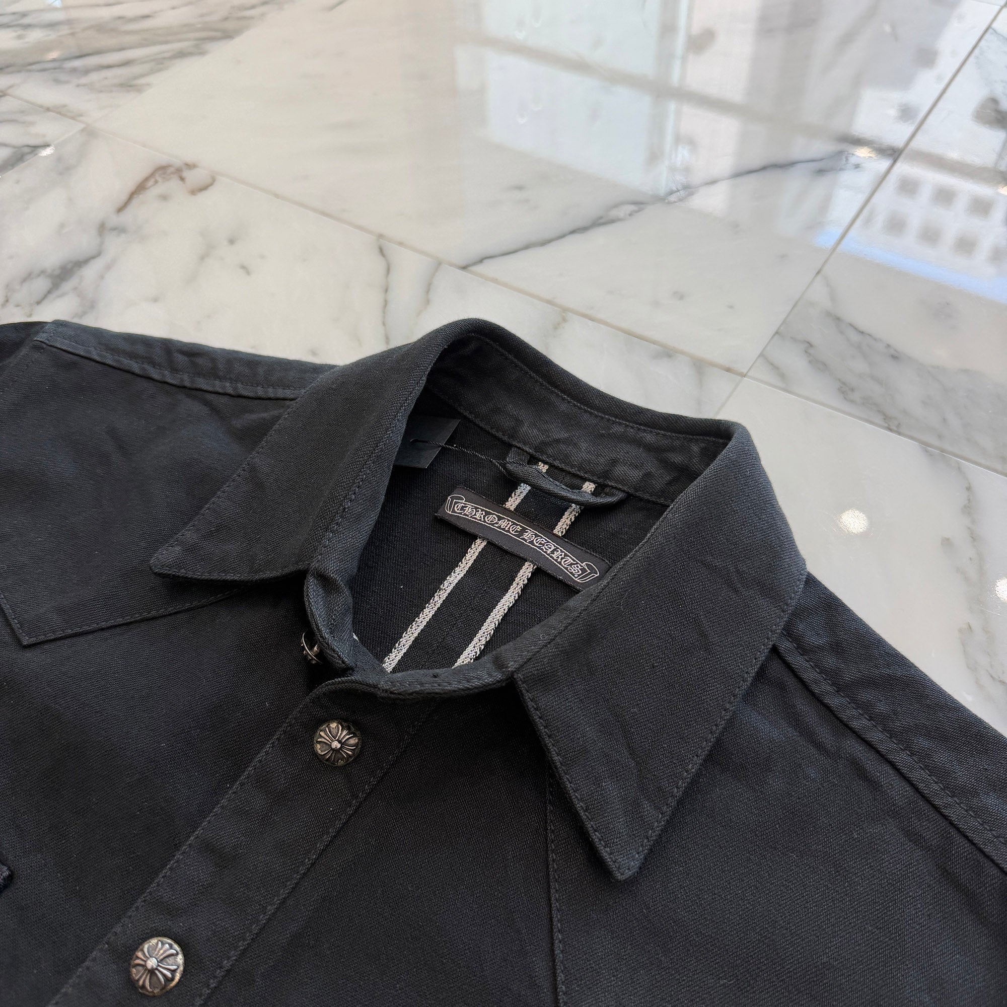 CHROME HEARTS Leather Cross Patch Western Denim Shirt Size SM クロムハーツ オールド レザー クロスパッチ ウェスタン デニムシャツ サイズSM