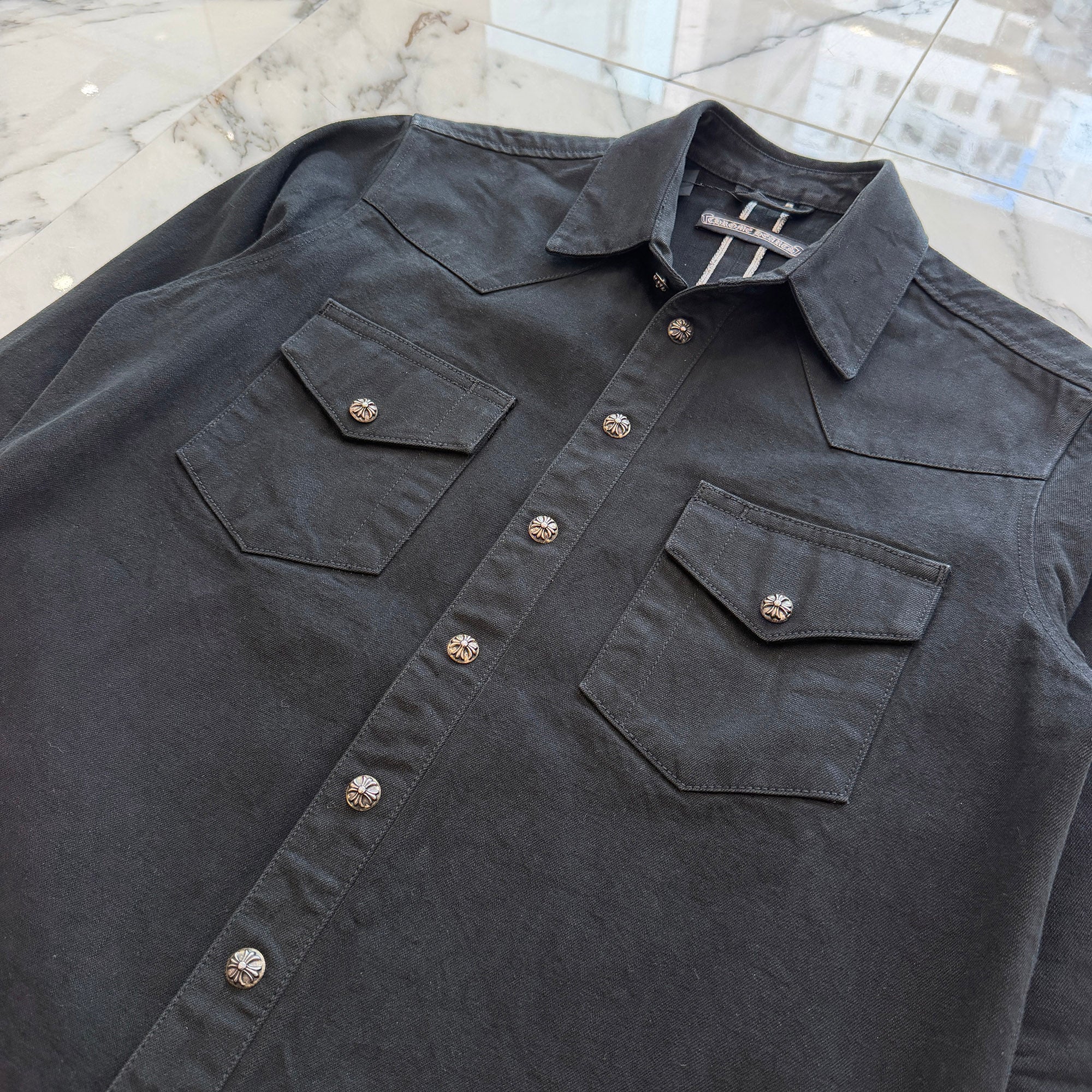 CHROME HEARTS Leather Cross Patch Western Denim Shirt Size SM クロムハーツ オールド レザー クロスパッチ ウェスタン デニムシャツ サイズSM