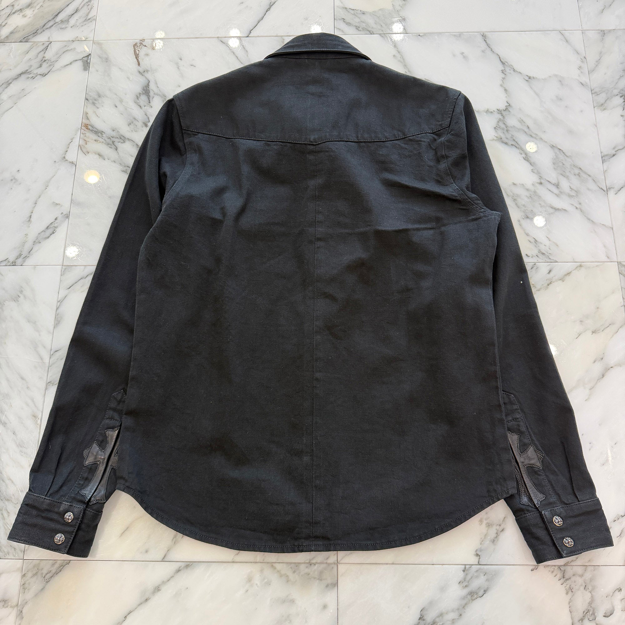 CHROME HEARTS Leather Cross Patch Western Denim Shirt Size SM クロムハーツ オールド レザー クロスパッチ ウェスタン デニムシャツ サイズSM
