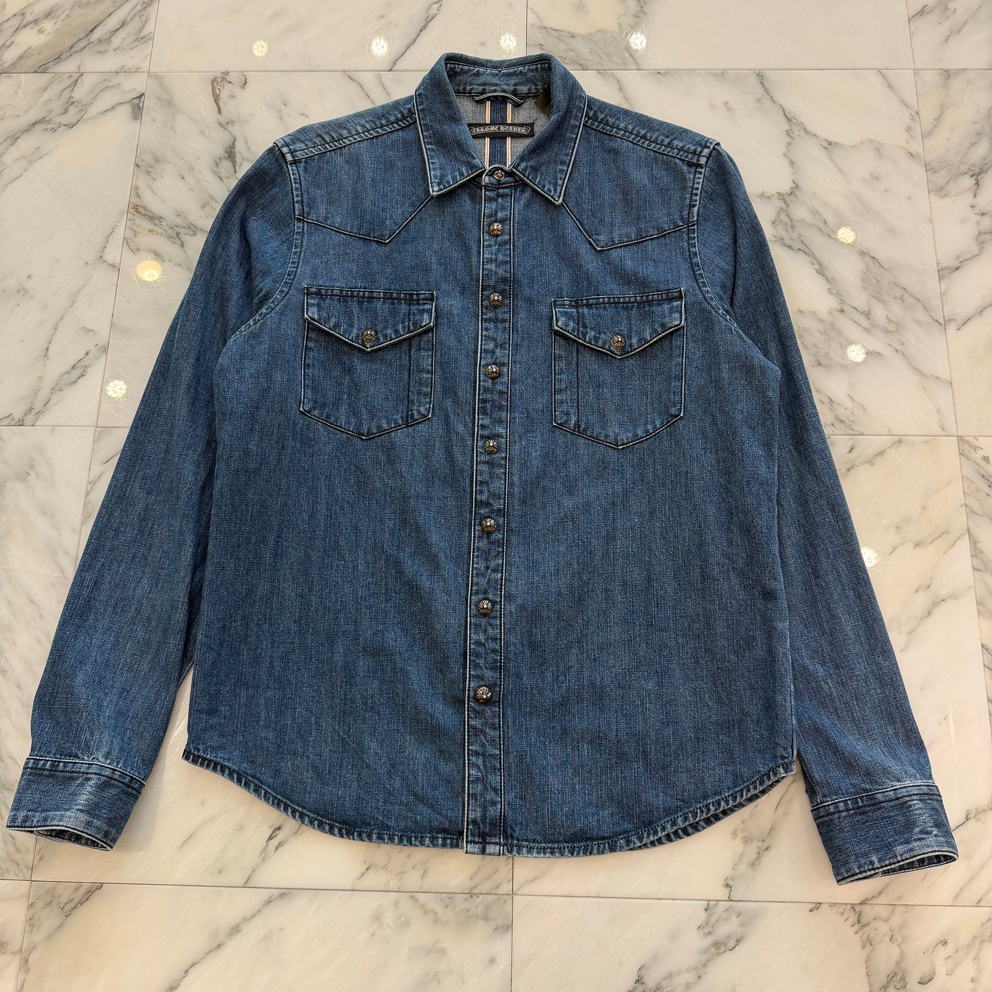 CHROME HEARTS Leather Cross Patch Western Denim Shirt Size LG クロムハーツ オールド レザー クロスパッチ ウェスタン デニムシャツ サイズLG