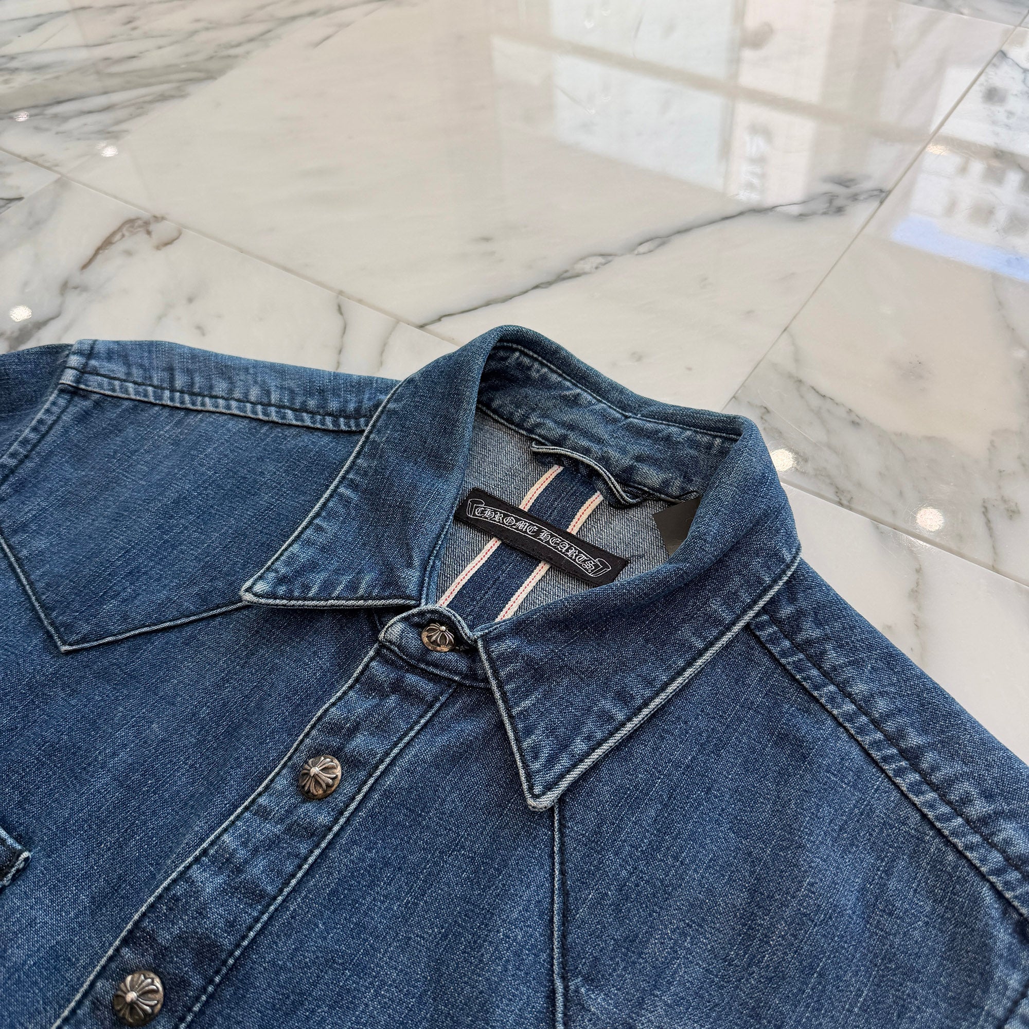 CHROME HEARTS Leather Cross Patch Western Denim Shirt Size LG クロムハーツ オールド レザー クロスパッチ ウェスタン デニムシャツ サイズLG