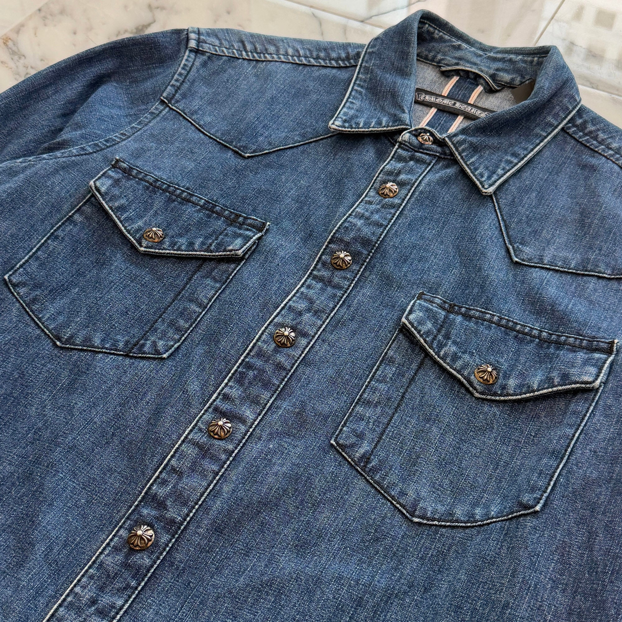 CHROME HEARTS Leather Cross Patch Western Denim Shirt Size LG クロムハーツ オールド レザー クロスパッチ ウェスタン デニムシャツ サイズLG