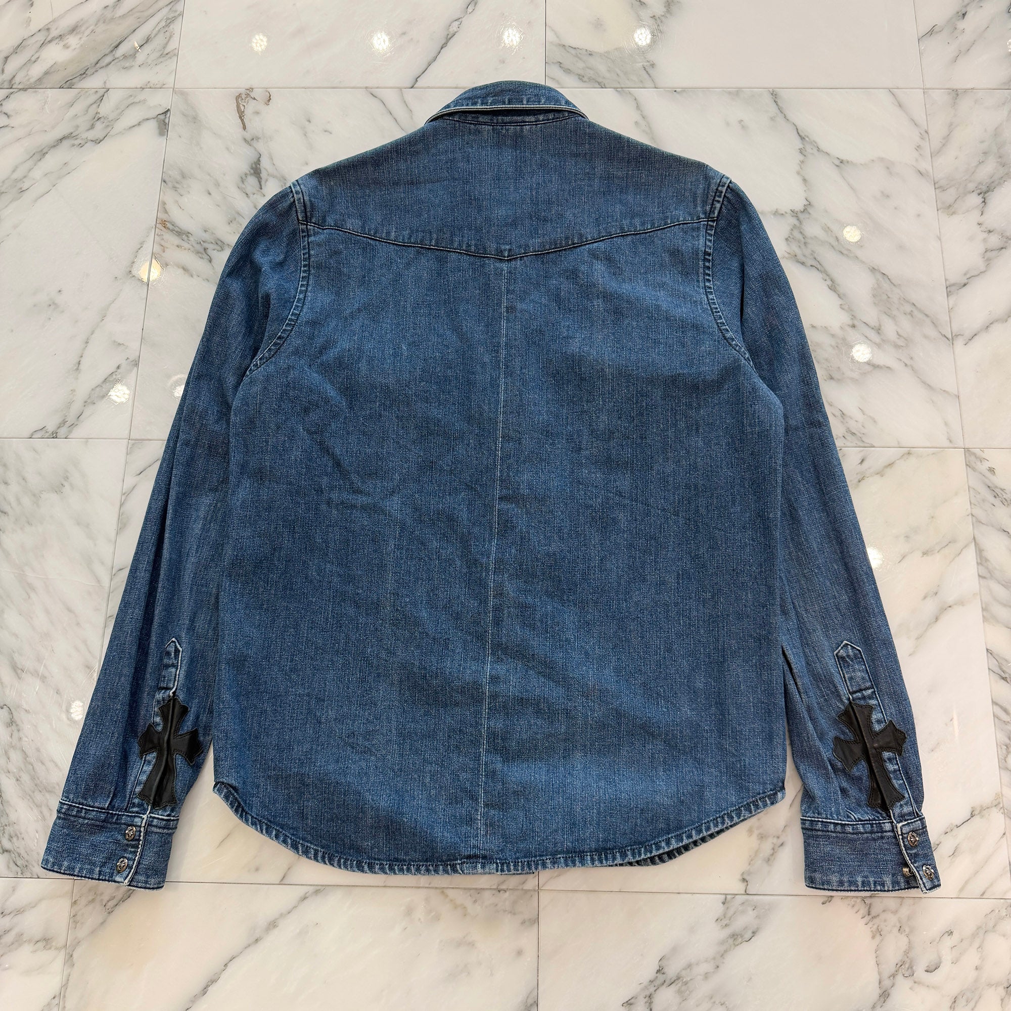 CHROME HEARTS Leather Cross Patch Western Denim Shirt Size LG クロムハーツ オールド レザー クロスパッチ ウェスタン デニムシャツ サイズLG