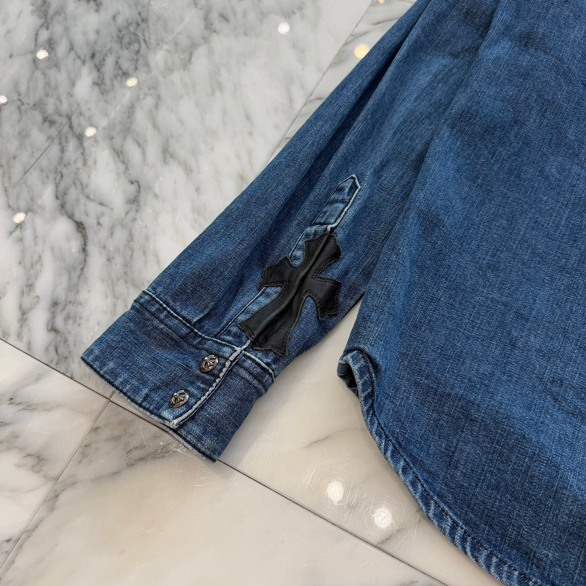 CHROME HEARTS Leather Cross Patch Western Denim Shirt Size LG クロムハーツ オールド レザー クロスパッチ ウェスタン デニムシャツ サイズLG