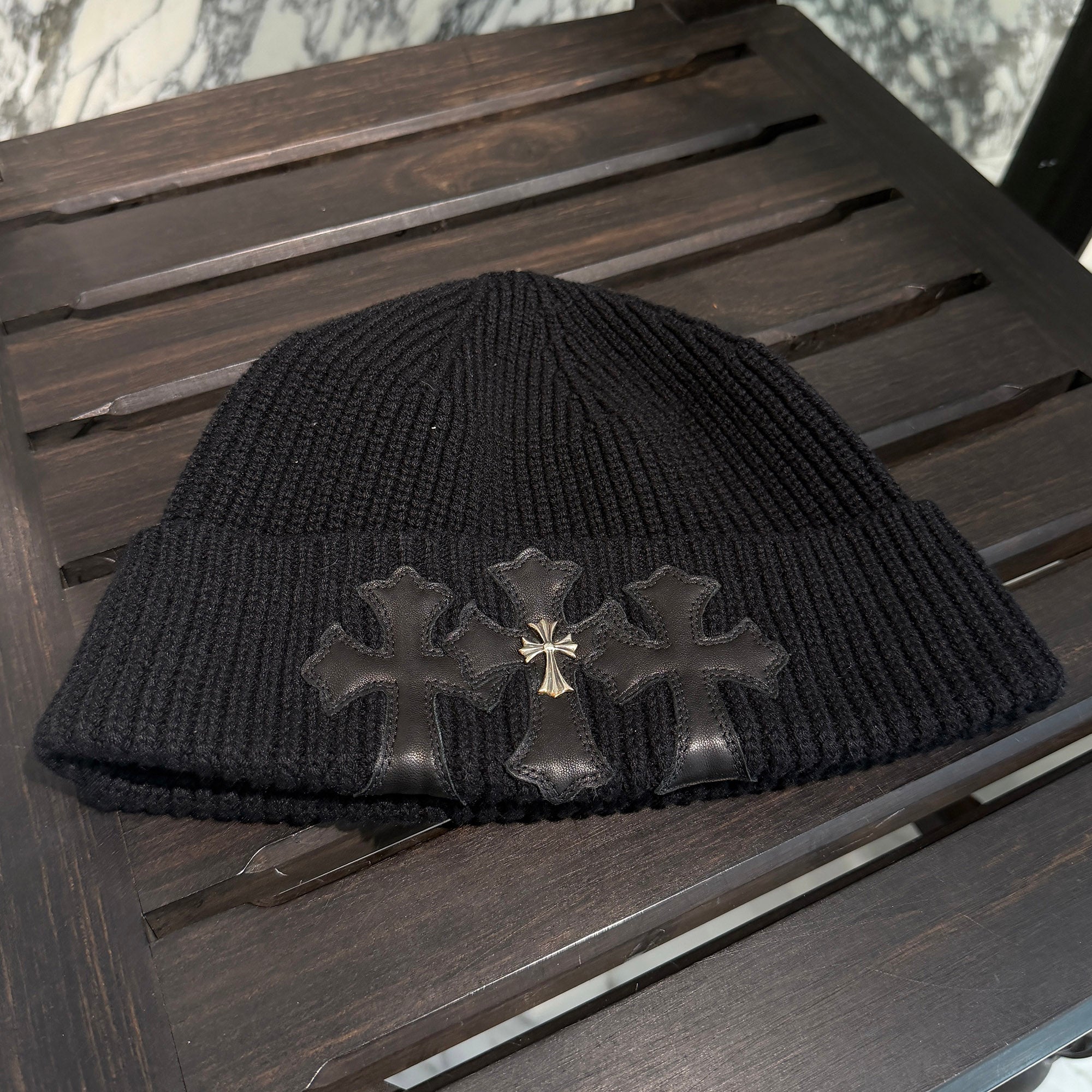 CHROME HEARTS Cashmere Leather 3 Cross Patch Beanie Size ONE SIZE (22cm) クロムハーツ カシミヤ レザー 3クロスパッチ ビーニー サイズONE SIZE (22cm)