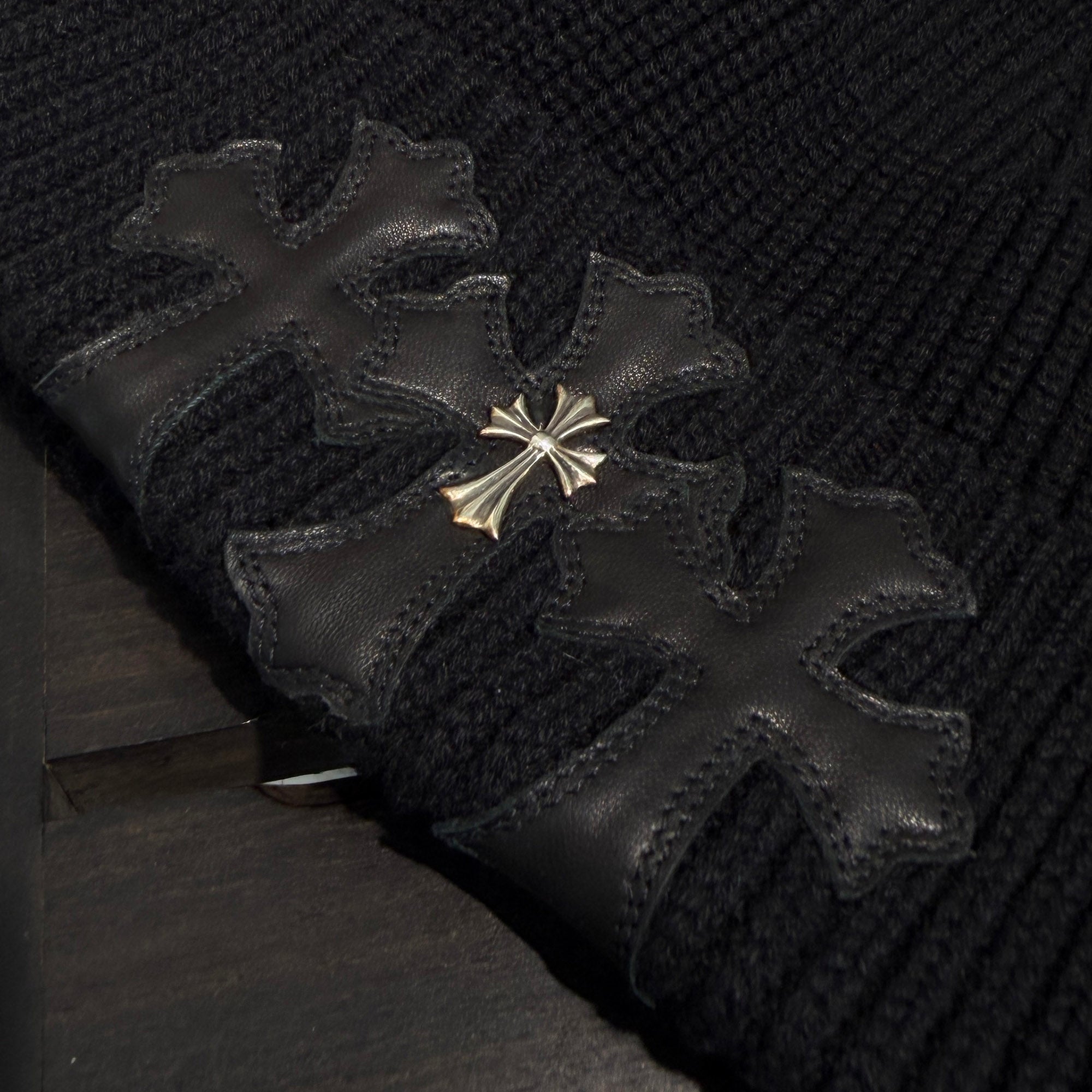 CHROME HEARTS Cashmere Leather 3 Cross Patch Beanie Size ONE SIZE (22cm) クロムハーツ カシミヤ レザー 3クロスパッチ ビーニー サイズONE SIZE (22cm)