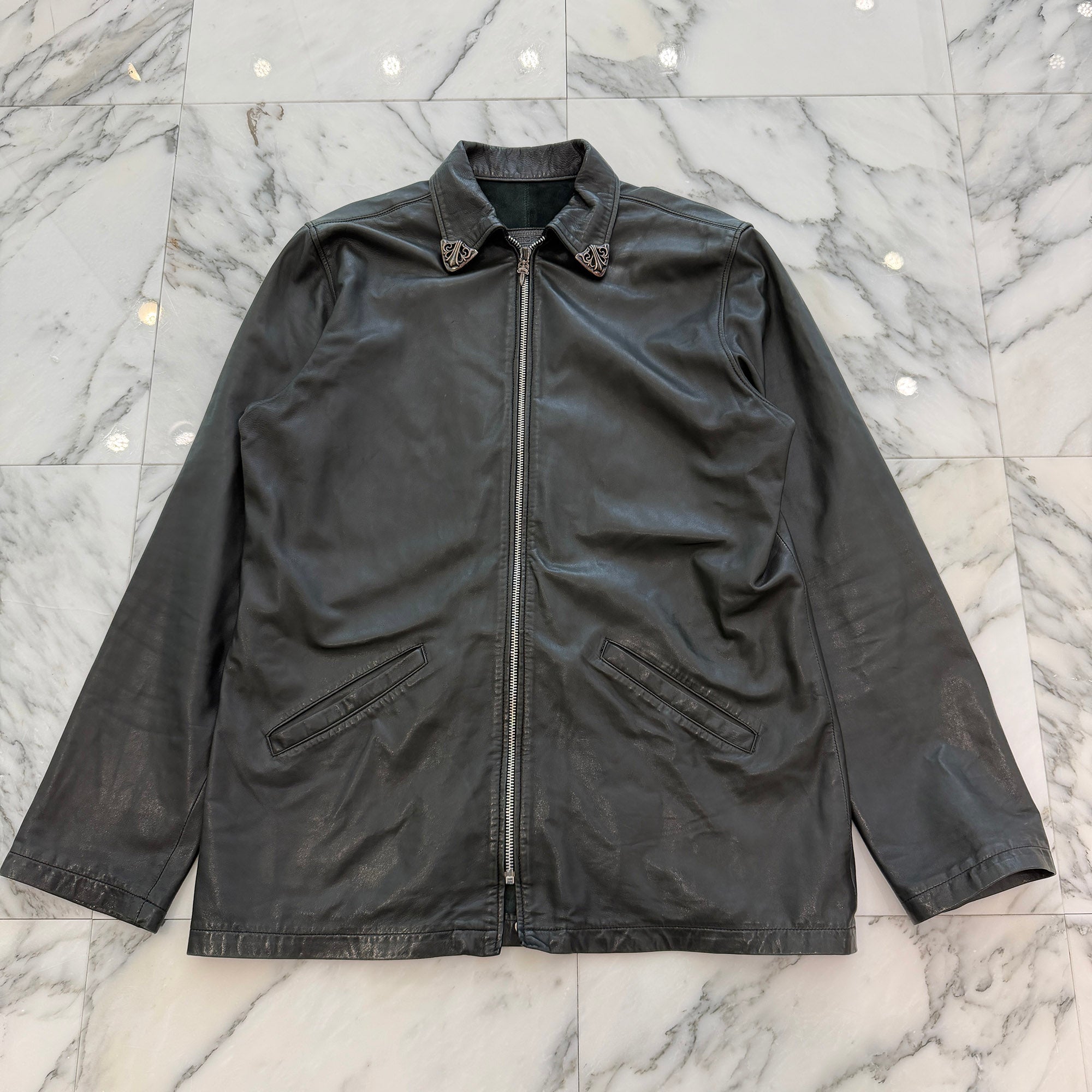 CHROME HEARTS Back Flare Knee Zip Up Leather Jacket Size M クロムハーツ バックフレアニー ジップアップ レザージャケット サイズM