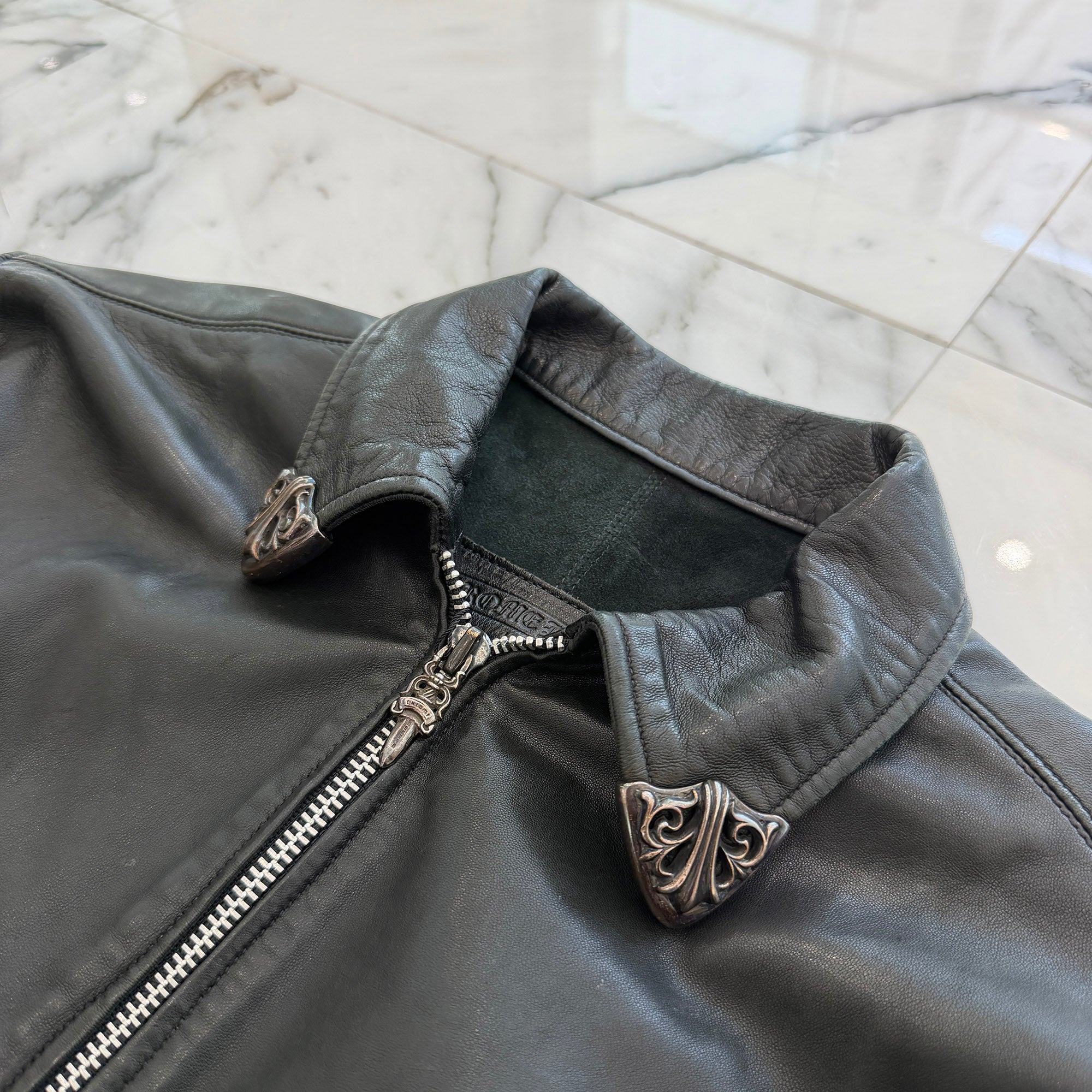 CHROME HEARTS Back Flare Knee Zip Up Leather Jacket Size M クロムハーツ バックフレアニー ジップアップ レザージャケット サイズM