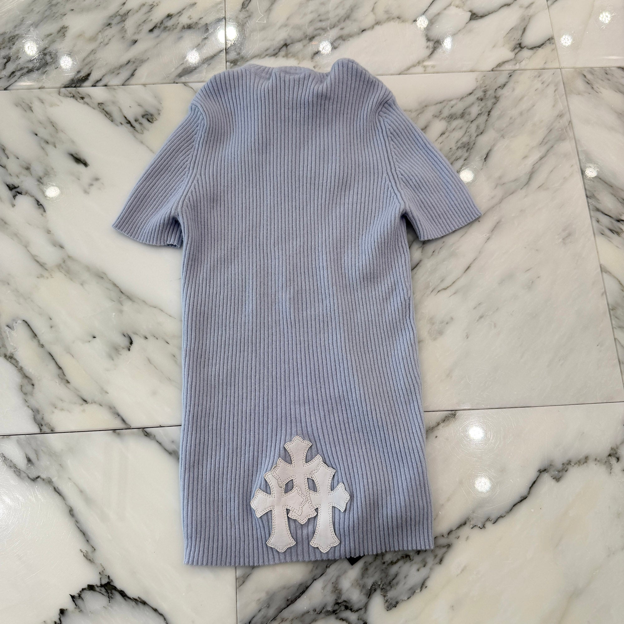 CHROME HEARTS Y NOT Triple Cross Leather Patch Cashmere Short Sleeve Knit Dress Size S クロムハーツ ワイノット トリプルクロスレザーパッチ カシミア ショートスリーブニット ワンピース サイズS