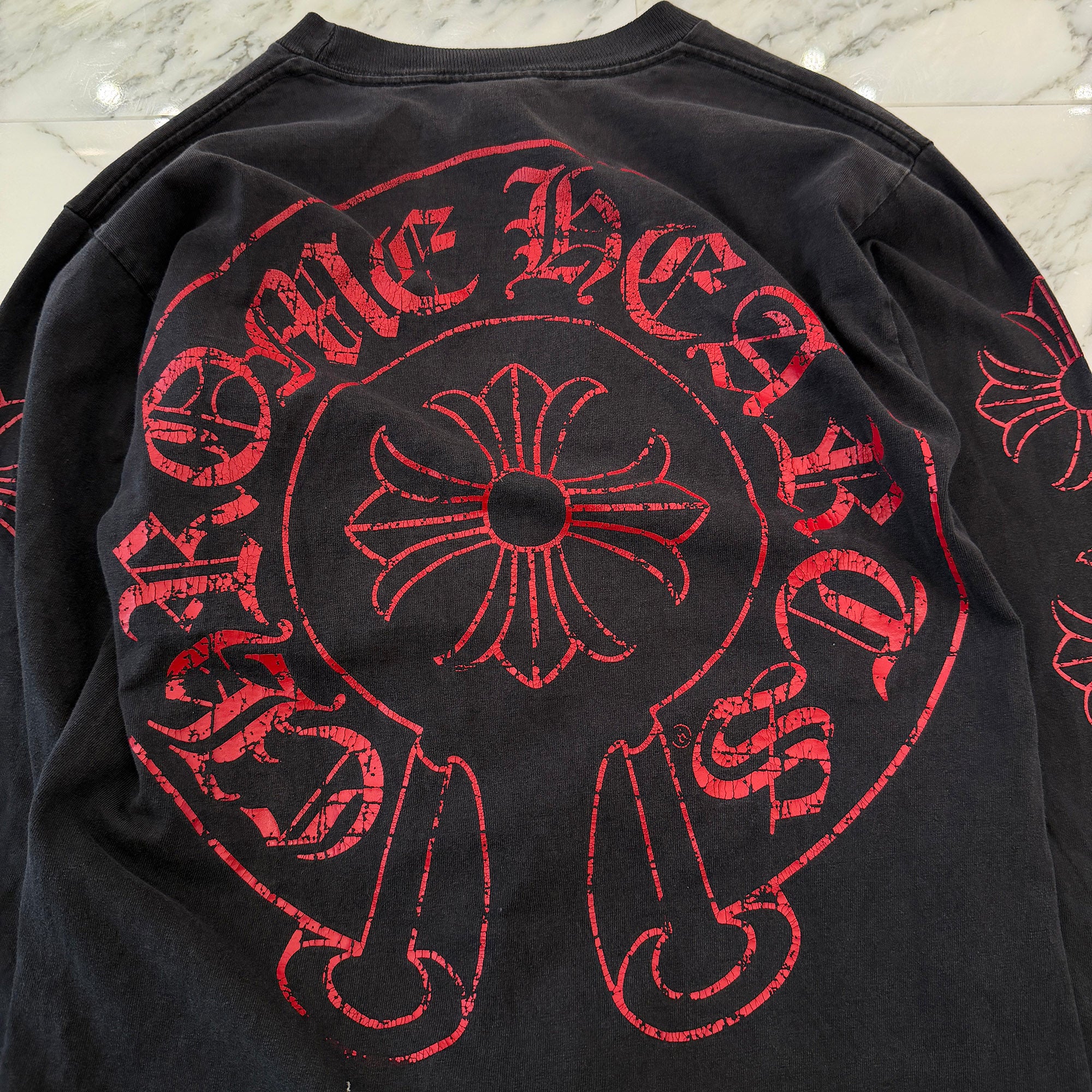 CHROME HEARTS CH Plus Red Horseshoe Cracked Print Long Sleeve Tee Size M クロムハーツ CHプラス レッド ホースシュー クラックプリント ロングスリーブTシャツ サイズM