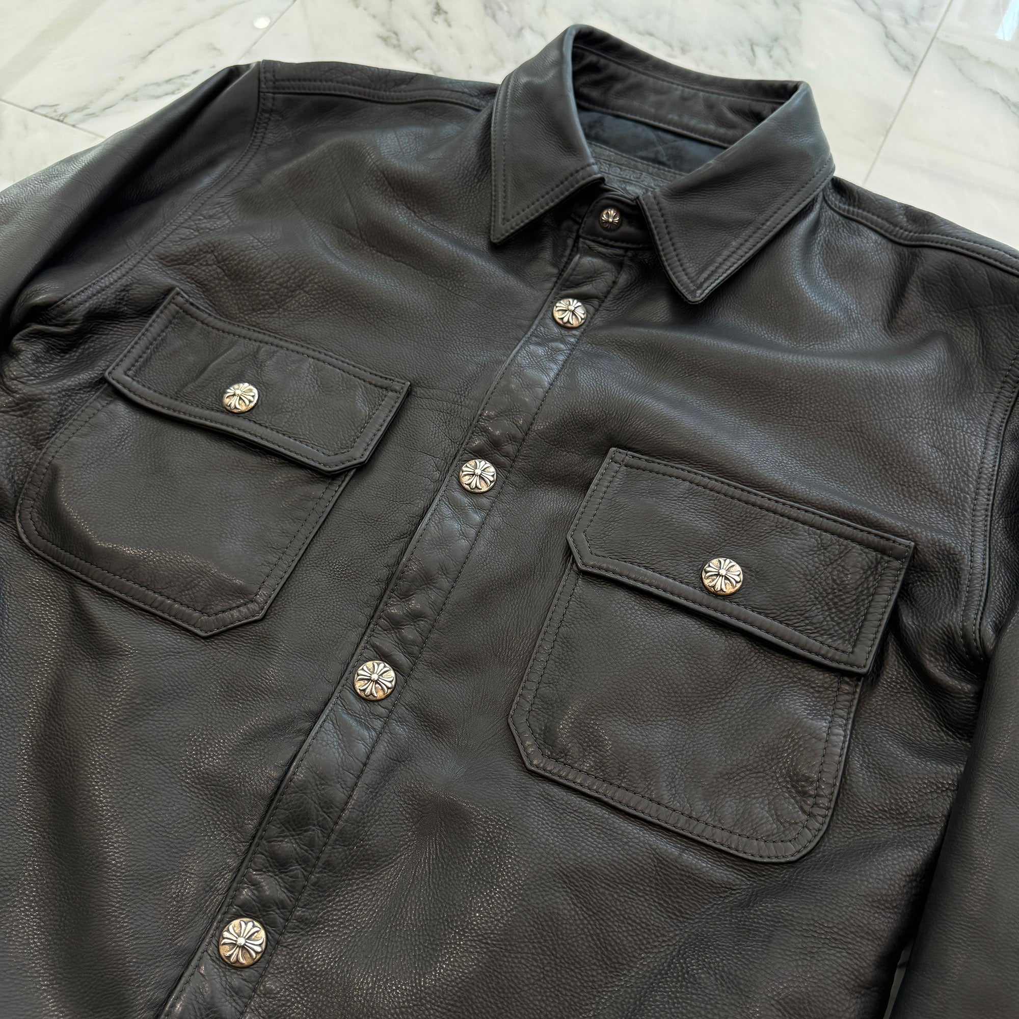 CHROME HEARTS Y NOT WORK DOG Cross Ball Button Leather Jacket Size L クロムハーツ ワイノット ワークドッグ クロスボールボタン レザージャケット サイズL