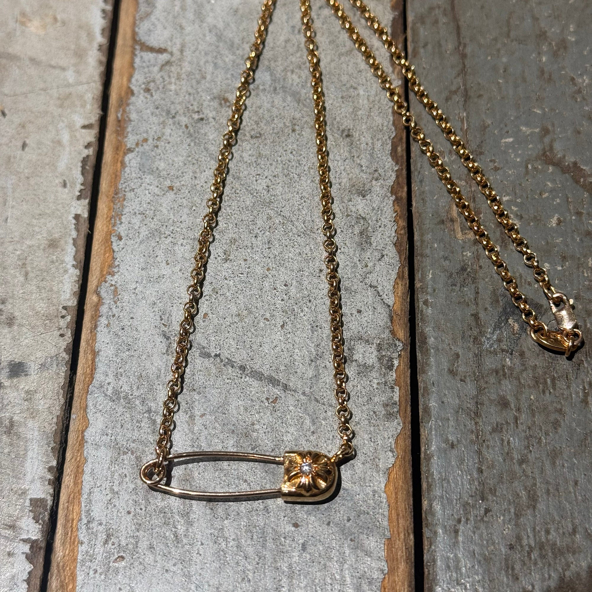 CHROME HEARTS 22K Safety Pin 1 Diamond Roll Chain Necklace Size 18 Inch クロムハーツ 22K セーフティピン 1ダイヤモンド ロールチェーン ネックレス 18インチ