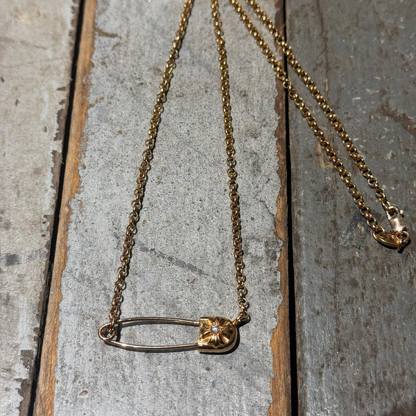 CHROME HEARTS 22K Safety Pin 1 Diamond Roll Chain Necklace Size 18 Inch クロムハーツ 22K セーフティピン 1ダイヤモンド ロールチェーン ネックレス 18インチ
