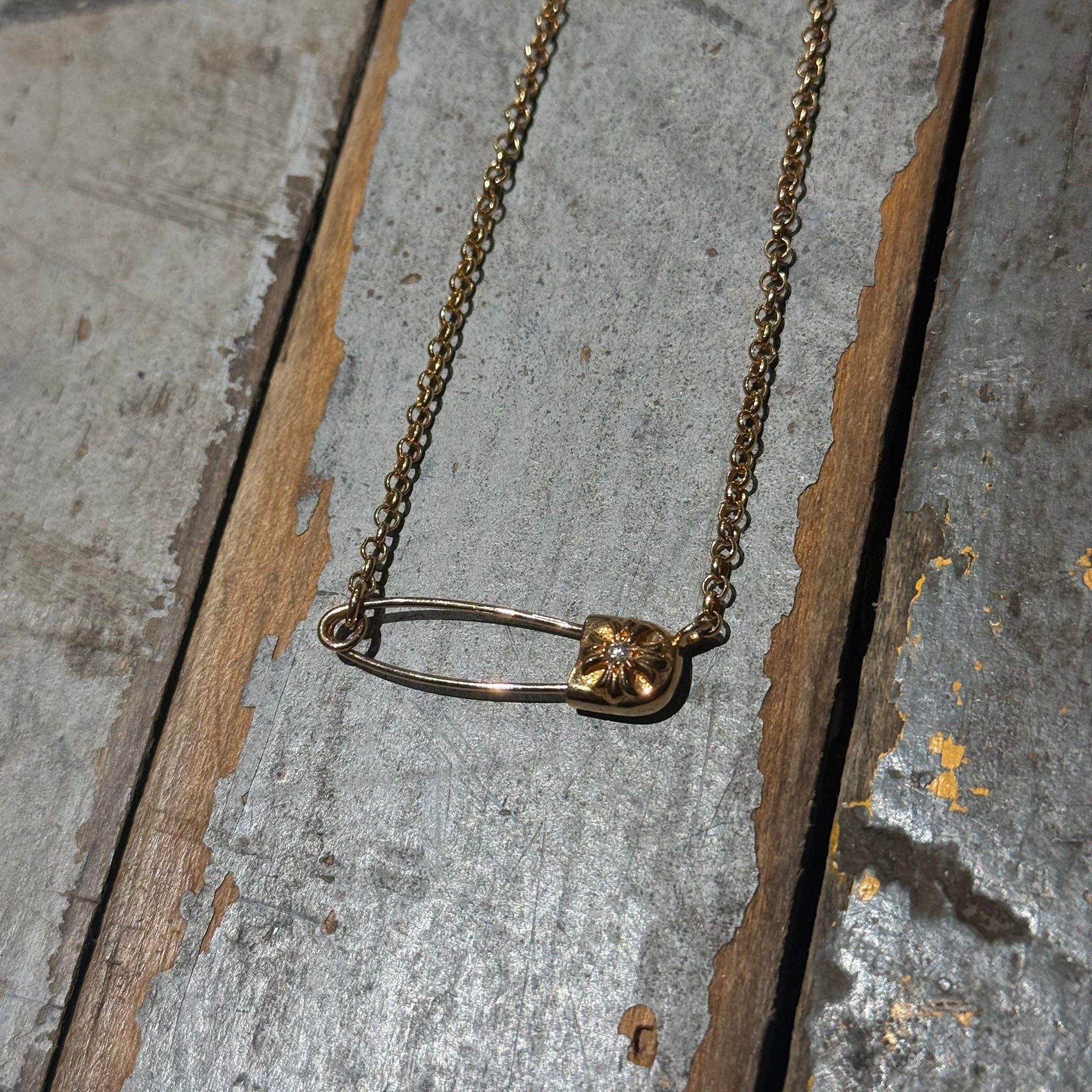 CHROME HEARTS 22K Safety Pin 1 Diamond Roll Chain Necklace Size 18 Inch クロムハーツ 22K セーフティピン 1ダイヤモンド ロールチェーン ネックレス 18インチ