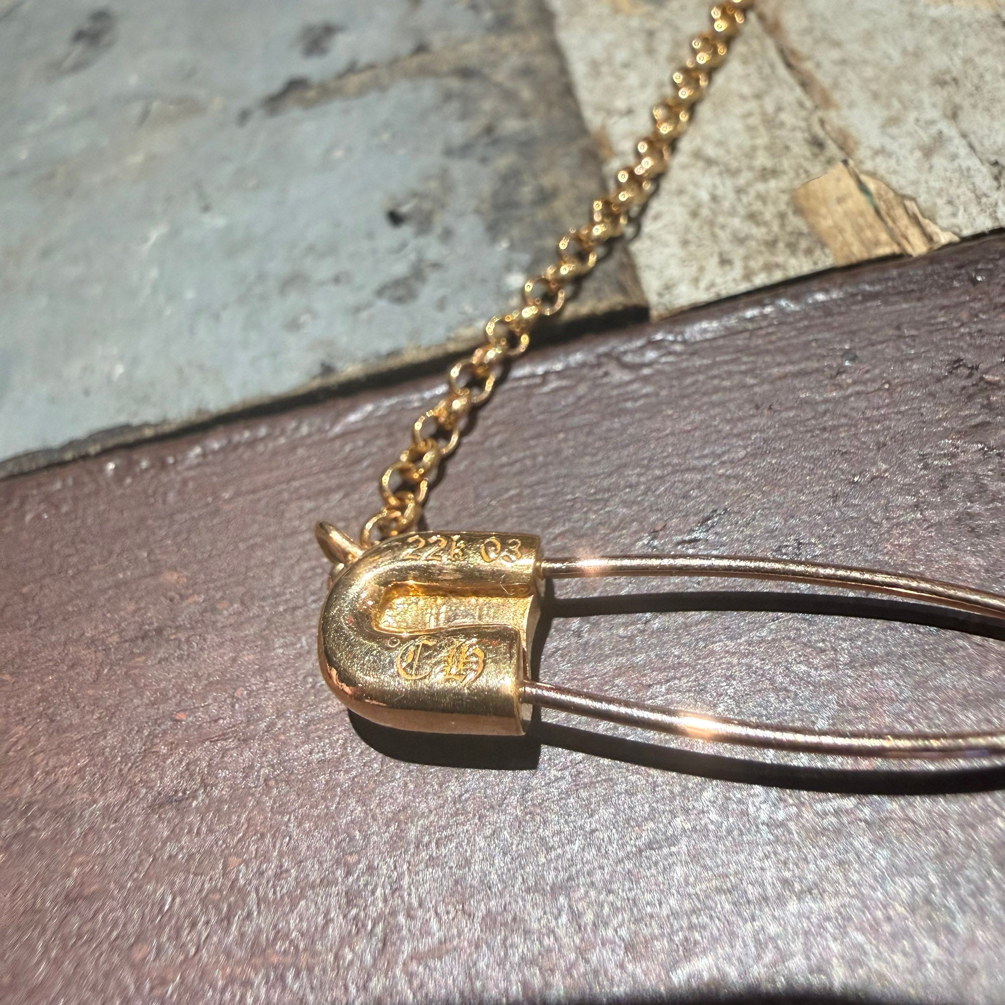 CHROME HEARTS 22K Safety Pin 1 Diamond Roll Chain Necklace Size 18 Inch クロムハーツ 22K セーフティピン 1ダイヤモンド ロールチェーン ネックレス 18インチ