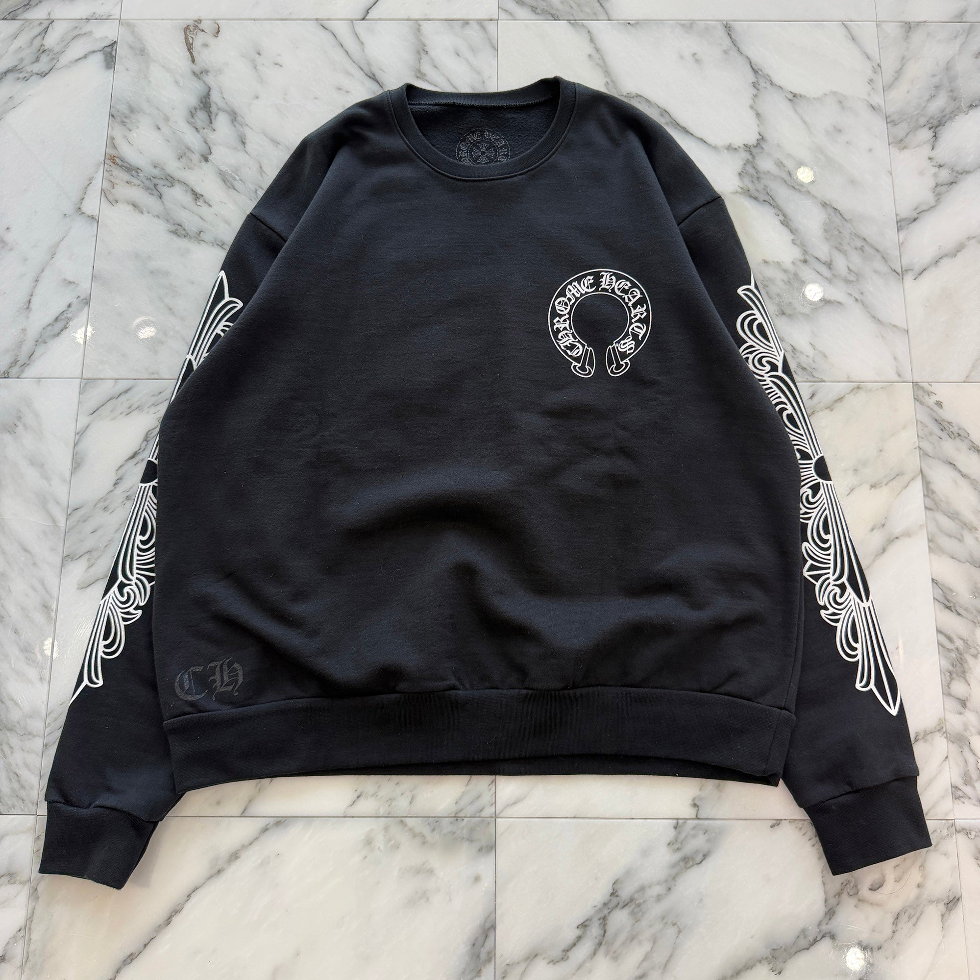 CHROME HEARTS Floral Cross Horseshoe Crewneck Sweat Shirts Size S クロムハーツ フローラルクロス ホースシュー クルーネック スウェットシャツ サイズS
