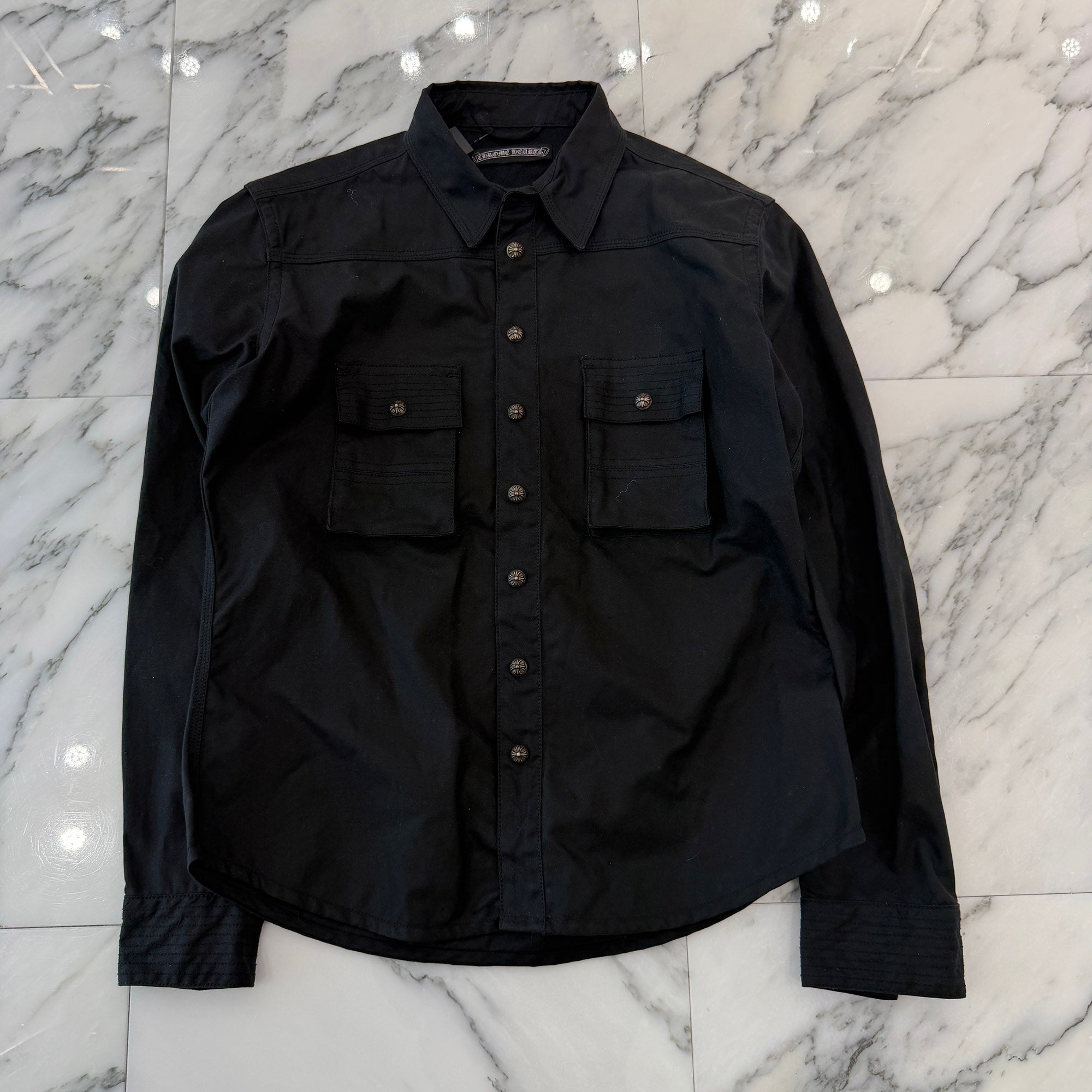 CHROME HEARTS Cross Ball Button Oiled Military Shirt Size SM クロムハーツ クロスボールボタン オイルド ミリタリーシャツ サイズSM