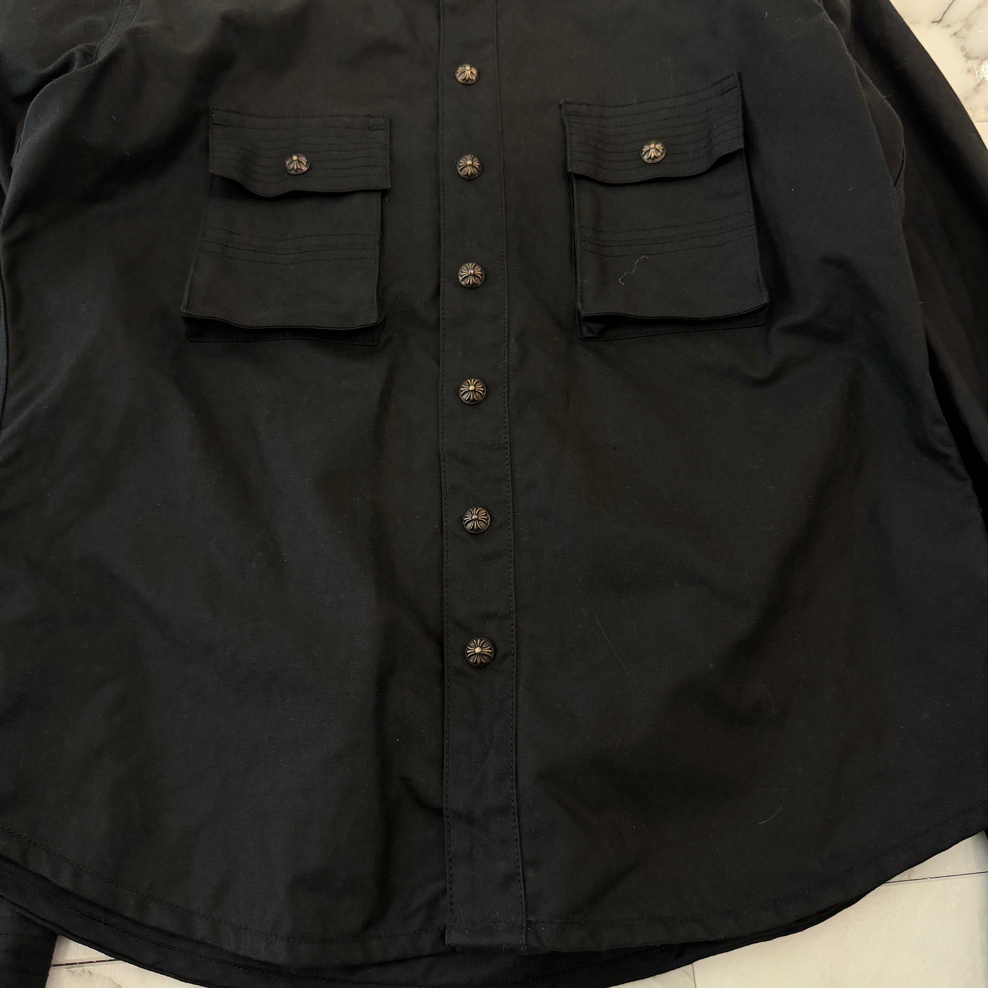CHROME HEARTS Cross Ball Button Oiled Military Shirt Size SM クロムハーツ クロスボールボタン オイルド ミリタリーシャツ サイズSM