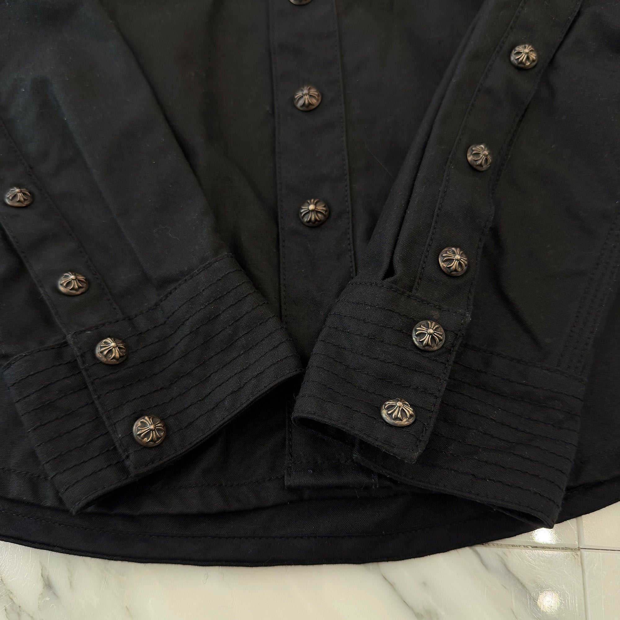 CHROME HEARTS Cross Ball Button Oiled Military Shirt Size SM クロムハーツ クロスボールボタン オイルド ミリタリーシャツ サイズSM