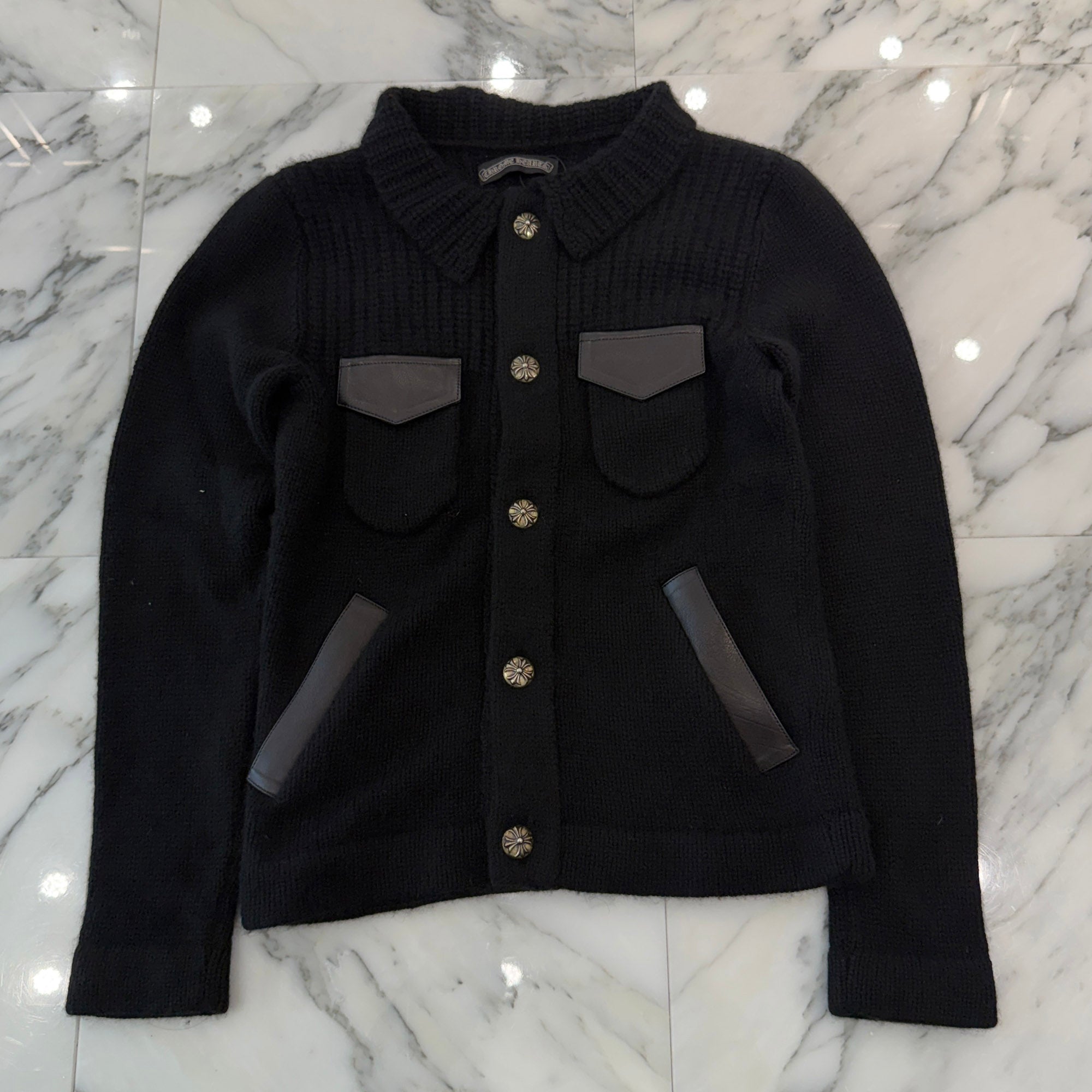 CHROME HEARTS Cross Ball Button Leather Pocket Cashmere Knit Cardigan Size SM クロムハーツ クロスボールボタン レザーポケット カシミヤニットカーディガン サイズSM