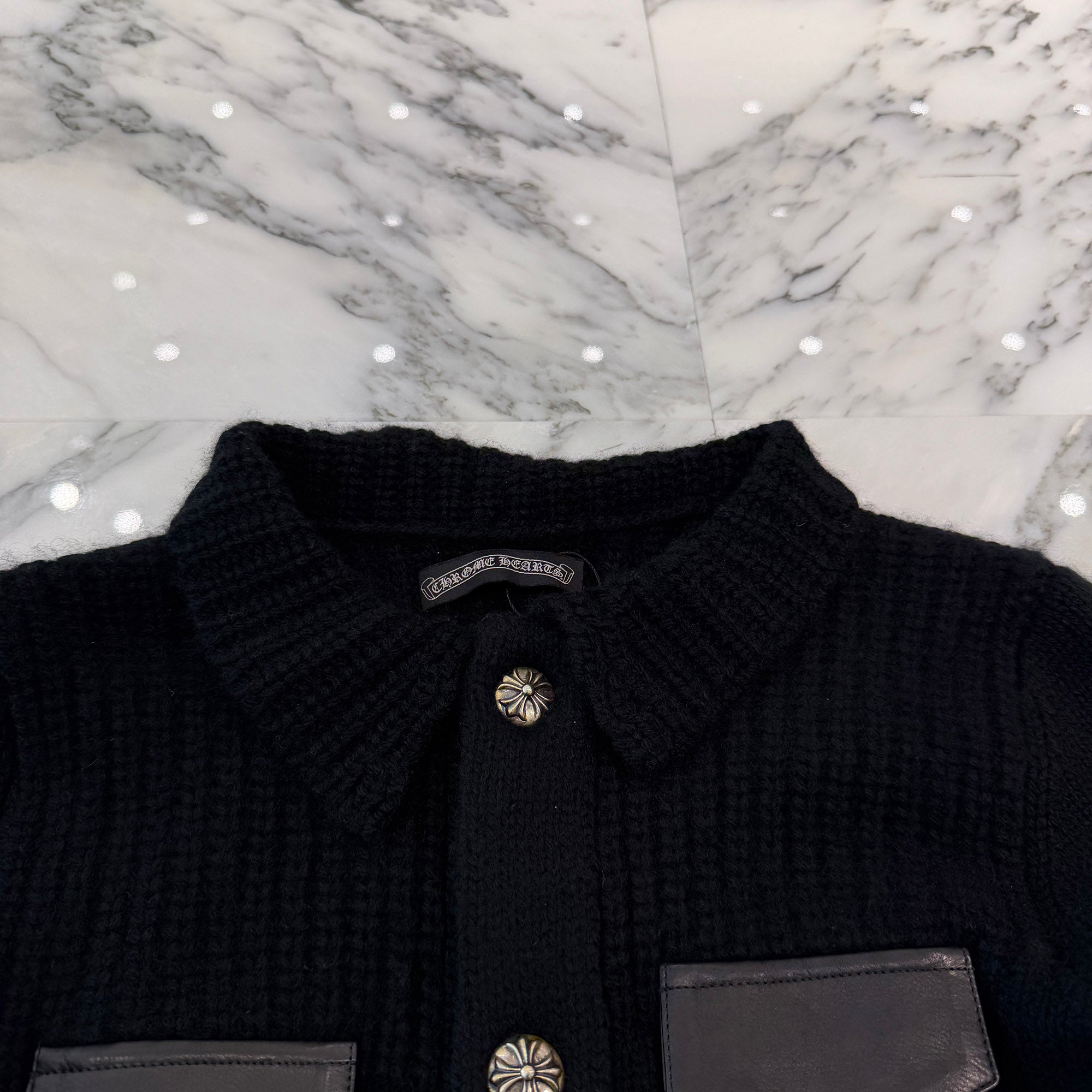 CHROME HEARTS Cross Ball Button Leather Pocket Cashmere Knit Cardigan Size SM クロムハーツ クロスボールボタン レザーポケット カシミヤニットカーディガン サイズSM