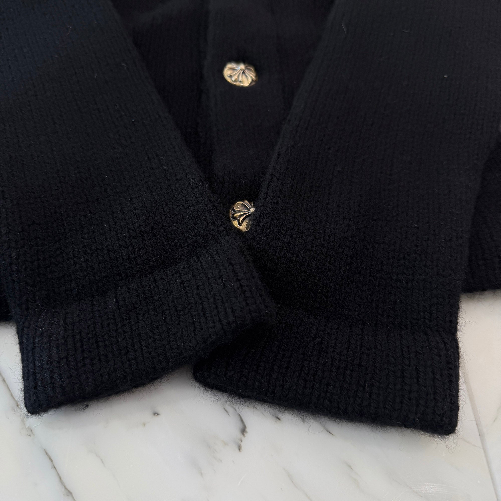 CHROME HEARTS Cross Ball Button Leather Pocket Cashmere Knit Cardigan Size SM クロムハーツ クロスボールボタン レザーポケット カシミヤニットカーディガン サイズSM