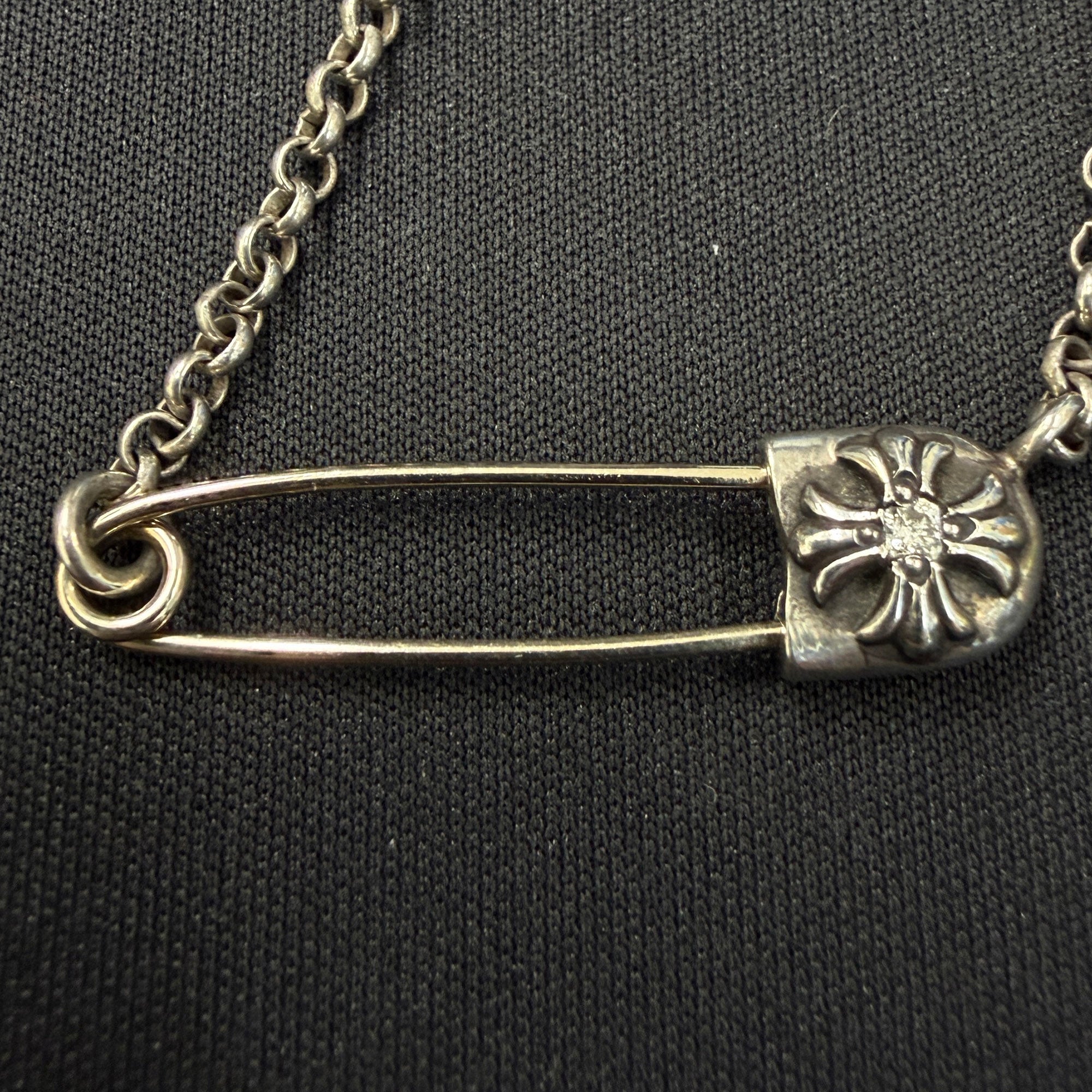 CHROME HEARTS Safety Pin Pendant Top 1 Diamond Roll Chain Necklace Size 16 Inch クロムハーツ セーフティピン 1ダイヤモンド ペンダントトップ ロールチェーン ネックレス サイズ16インチ
