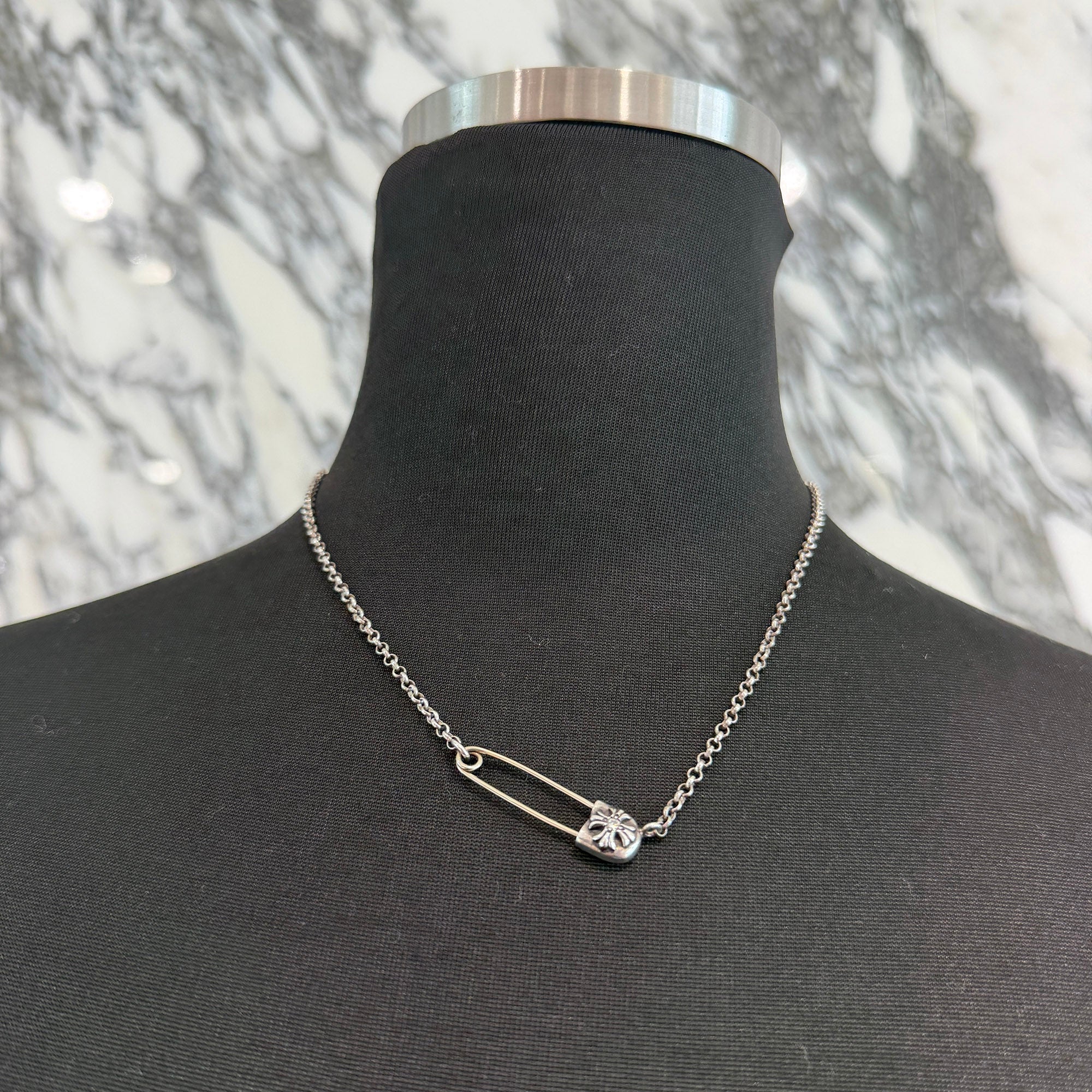 CHROME HEARTS Safety Pin Pendant Top 1 Diamond Roll Chain Necklace Size 16 Inch クロムハーツ セーフティピン 1ダイヤモンド ペンダントトップ ロールチェーン ネックレス サイズ16インチ