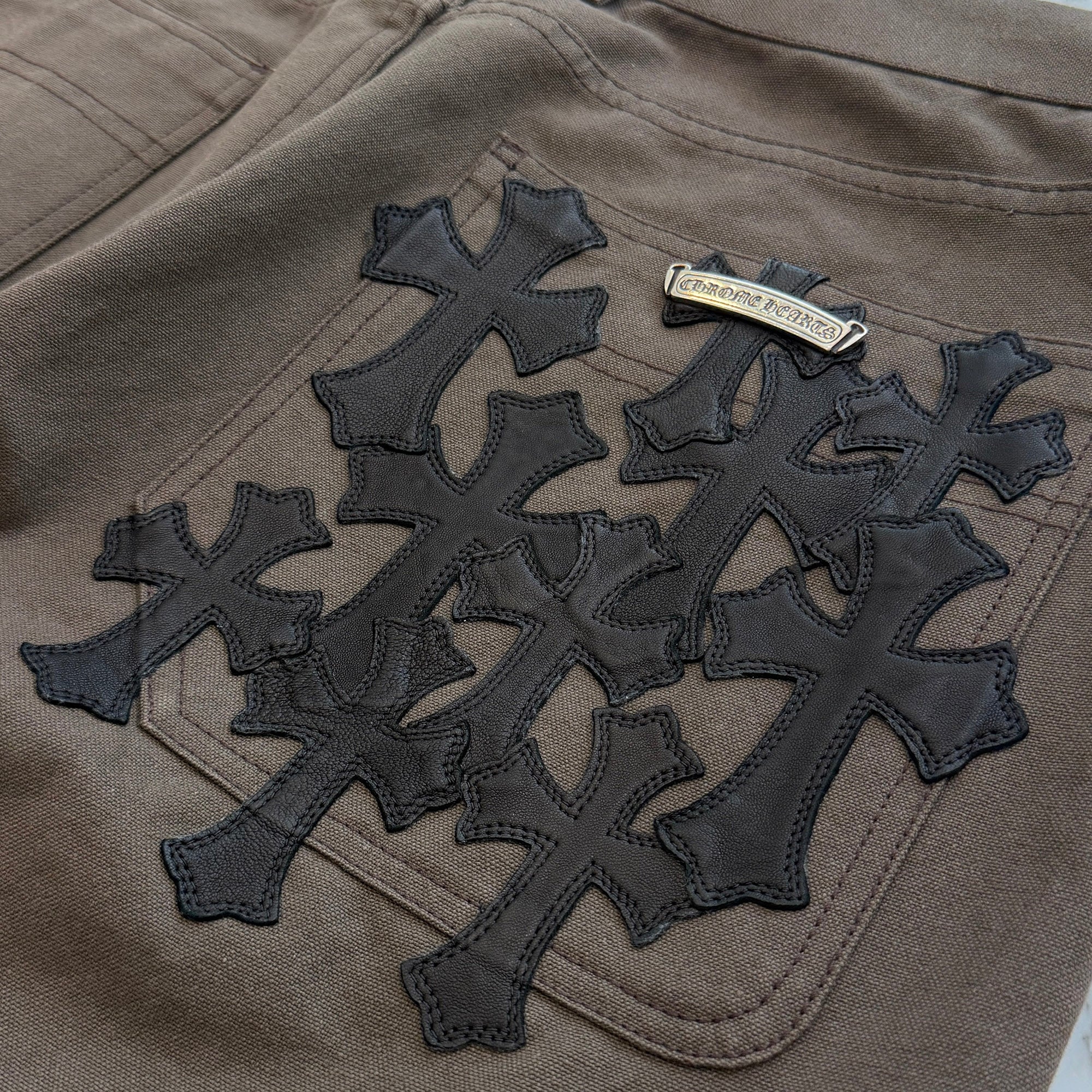 CHROME HEARTS Cemetery Cross Leather Patch Cotton Cargo Pants Size 33 クロムハーツ セメタリー クロス レザー パッチ コットン カーゴ パンツ ブラウン サイズ33