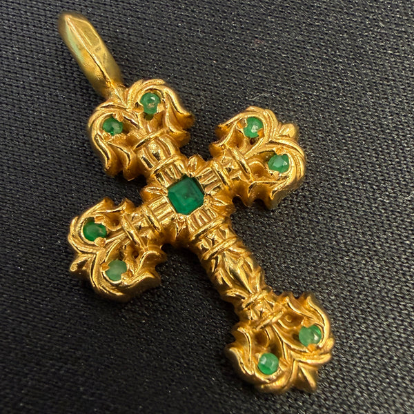 CHROME HEARTS 22K Tiny Filigree Cross Emerald Charm Pendent Top クロムハーツ 22K タイニーフィリグリークロス エメラルド チャームペンダントトップ