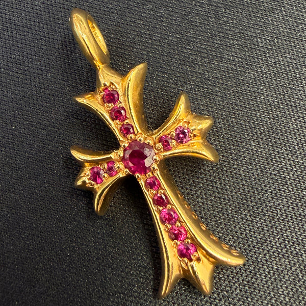 CHROME HEARTS 22K Tiny Fat Cross Charm Pave Ruby Pendant Top クロムハーツ 22K タイニーファットクロス チャーム パヴェルビー ペンダントトップ