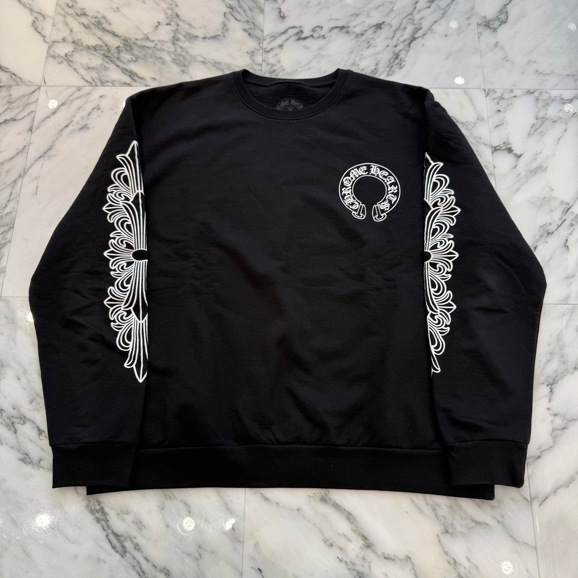 CHROME HEARTS Floral Cross Horseshoe Crewneck Sweat Shirts Size L クロムハーツ フローラルクロス ホースシュー クルーネック スウェットシャツ サイズL