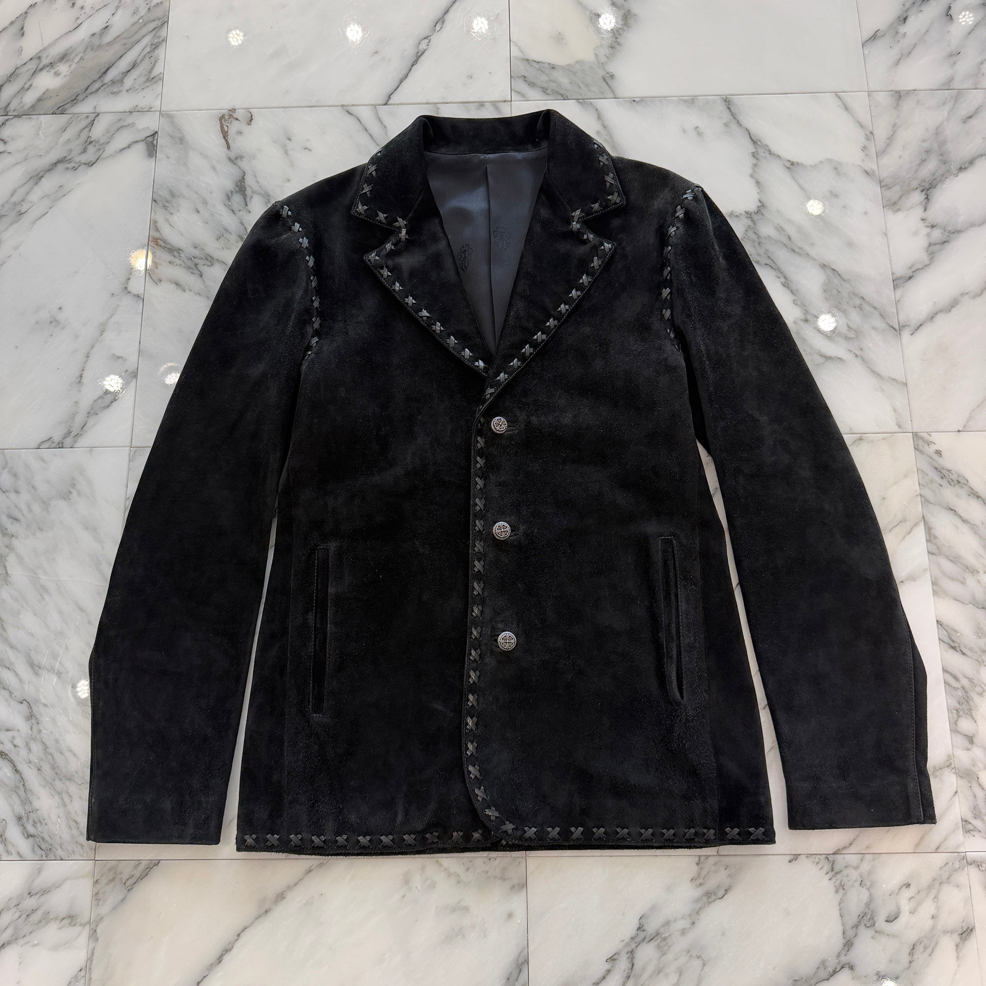 CHROME HEARTS Floral Cross Button Suede Leather Tailored Jacket Size M クロムハーツ フローラルクロスボタン スエードレザー テーラードジャケット サイズM