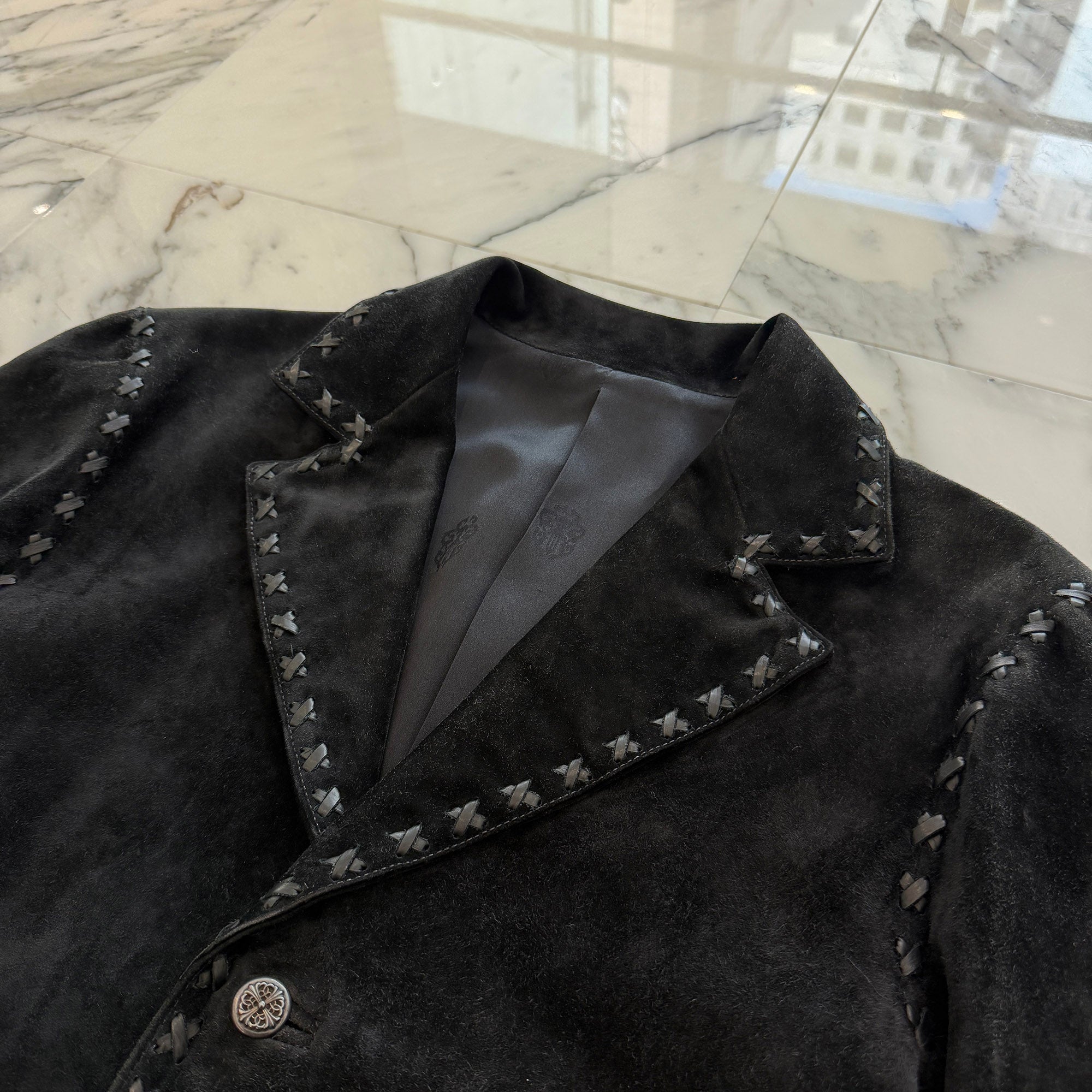 CHROME HEARTS Floral Cross Button Suede Leather Tailored Jacket Size M クロムハーツ フローラルクロスボタン スエードレザー テーラードジャケット サイズM