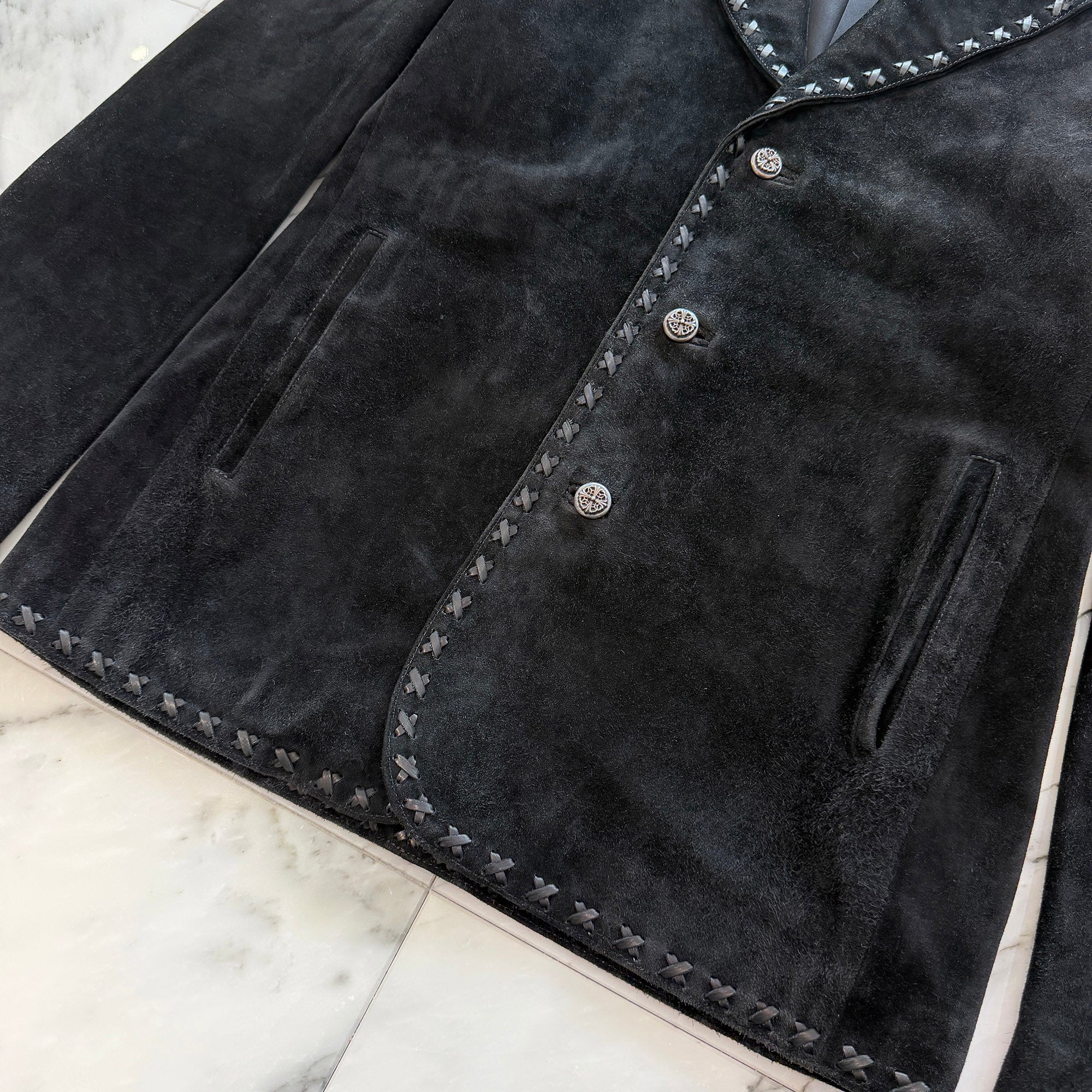 CHROME HEARTS Floral Cross Button Suede Leather Tailored Jacket Size M クロムハーツ フローラルクロスボタン スエードレザー テーラードジャケット サイズM