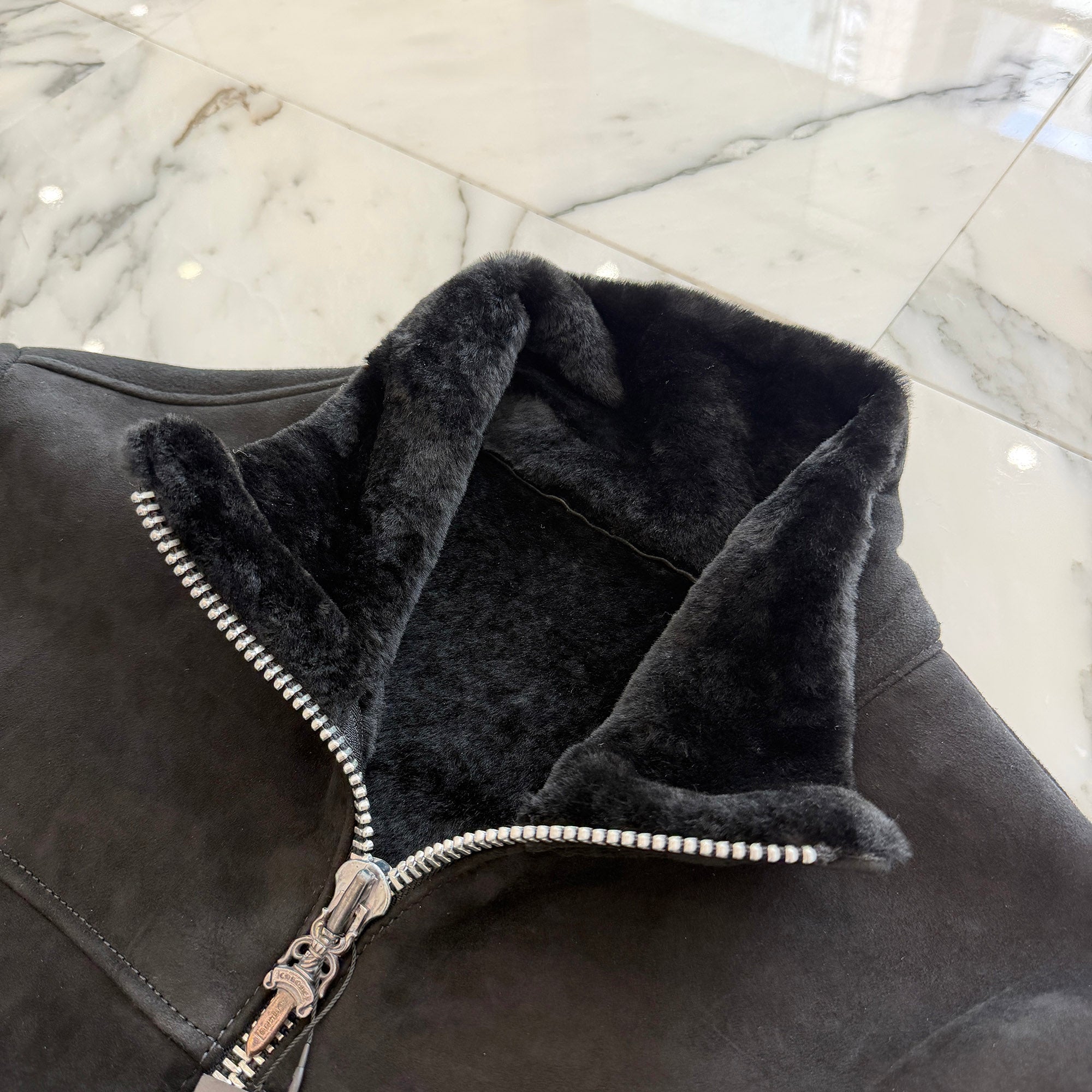 CHROME HEARTS Dagger Zip Mouton Leather Jacket Size S クロムハーツ ダガージップ ムートン レザージャケット サイズS