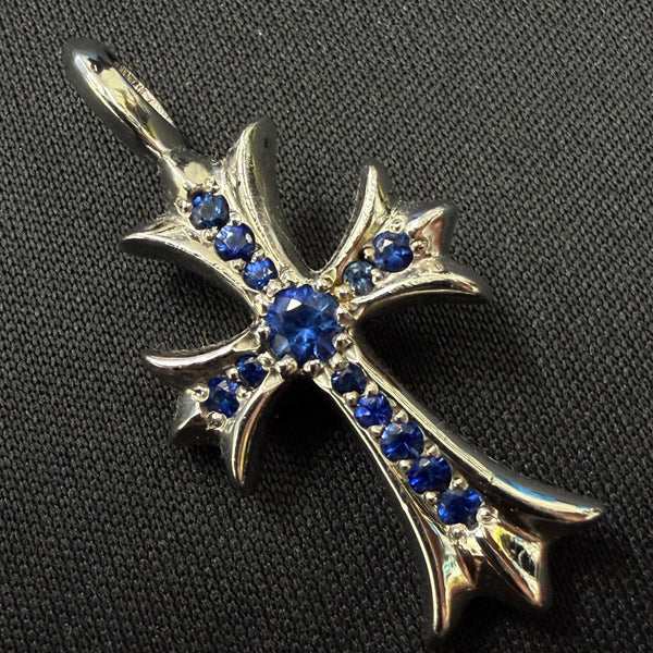 CHROME HEARTS 18K WG Tiny Fat Cross Pave Blue Sapphire Pendant Top クロムハーツ 18K ホワイトゴールド クロムハーツ タイニーファットクロス パヴェブルーサファイア ペンダントトップ