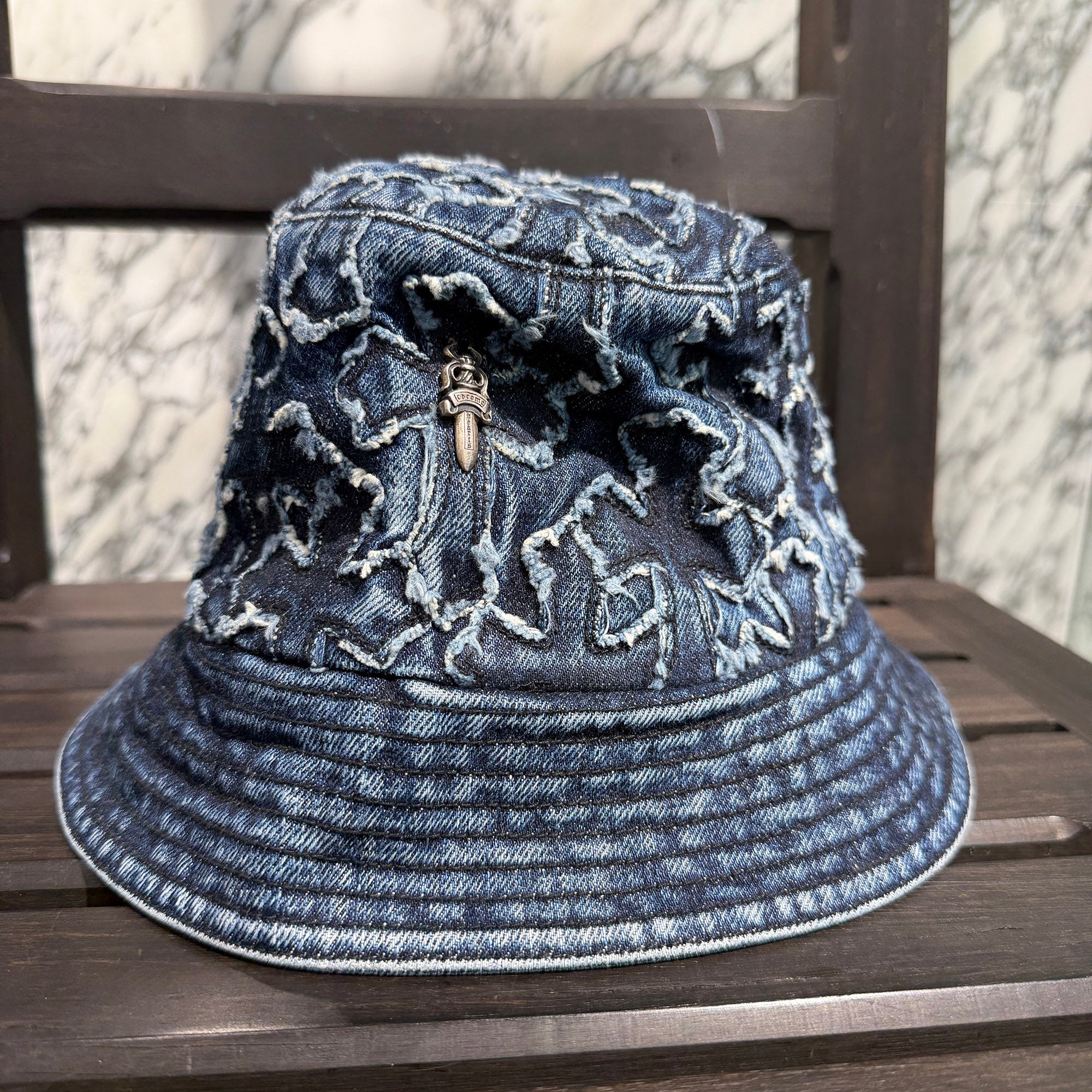 CHROME HEARTS Dagger Rivet Cemetery Cross Patch Denim Bucket Hat Size S(56cm) クロムハーツ ダガーリベット セメタリークロスパッチ デニム バケットハット サイズS(56cm)