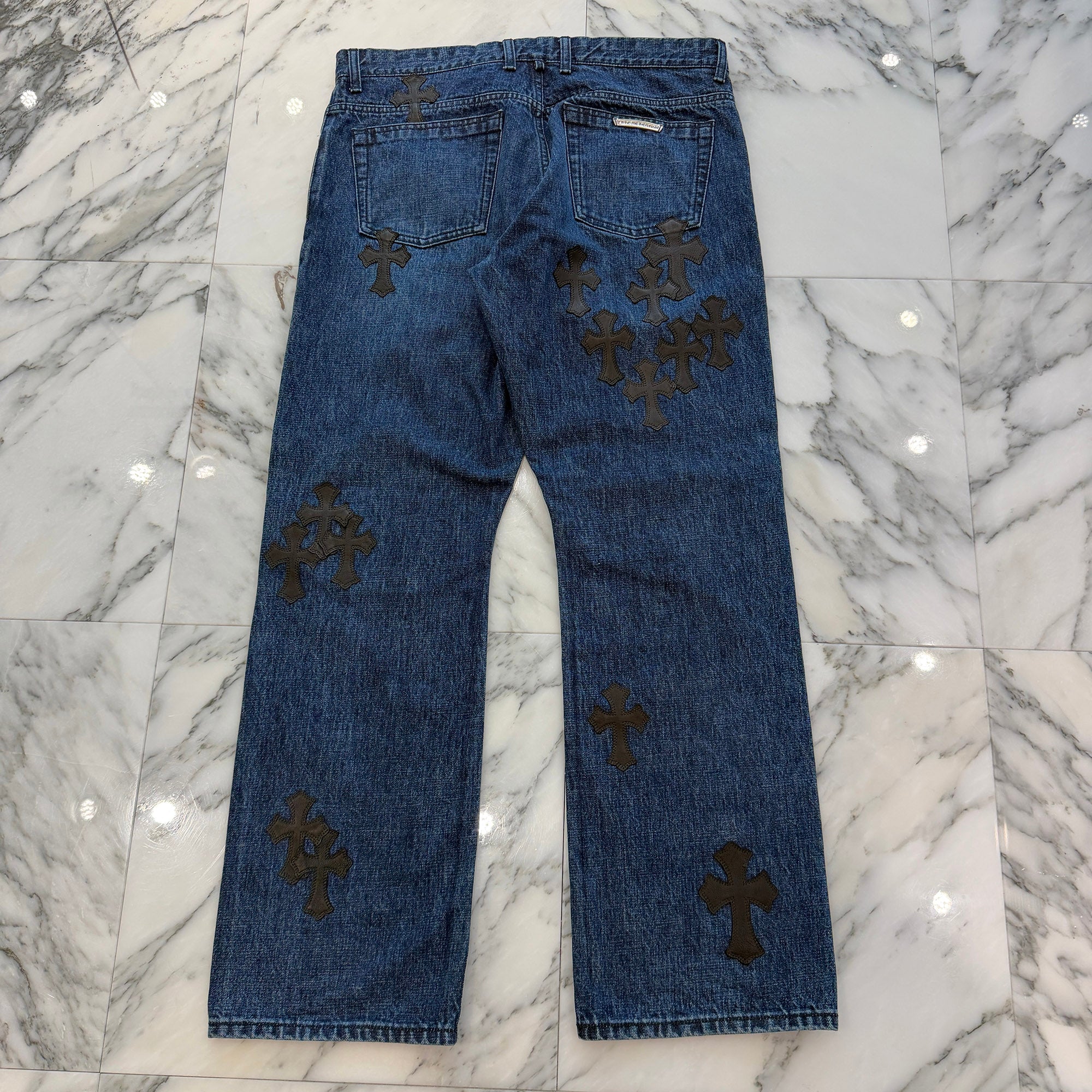 CHROME HEARTS Flare Knee Cemetery Cross Leather Patch Denim Pants Size 36 クロムハーツ フレアニー セメタリークロスレザーパッチ デニムパンツ サイズ36