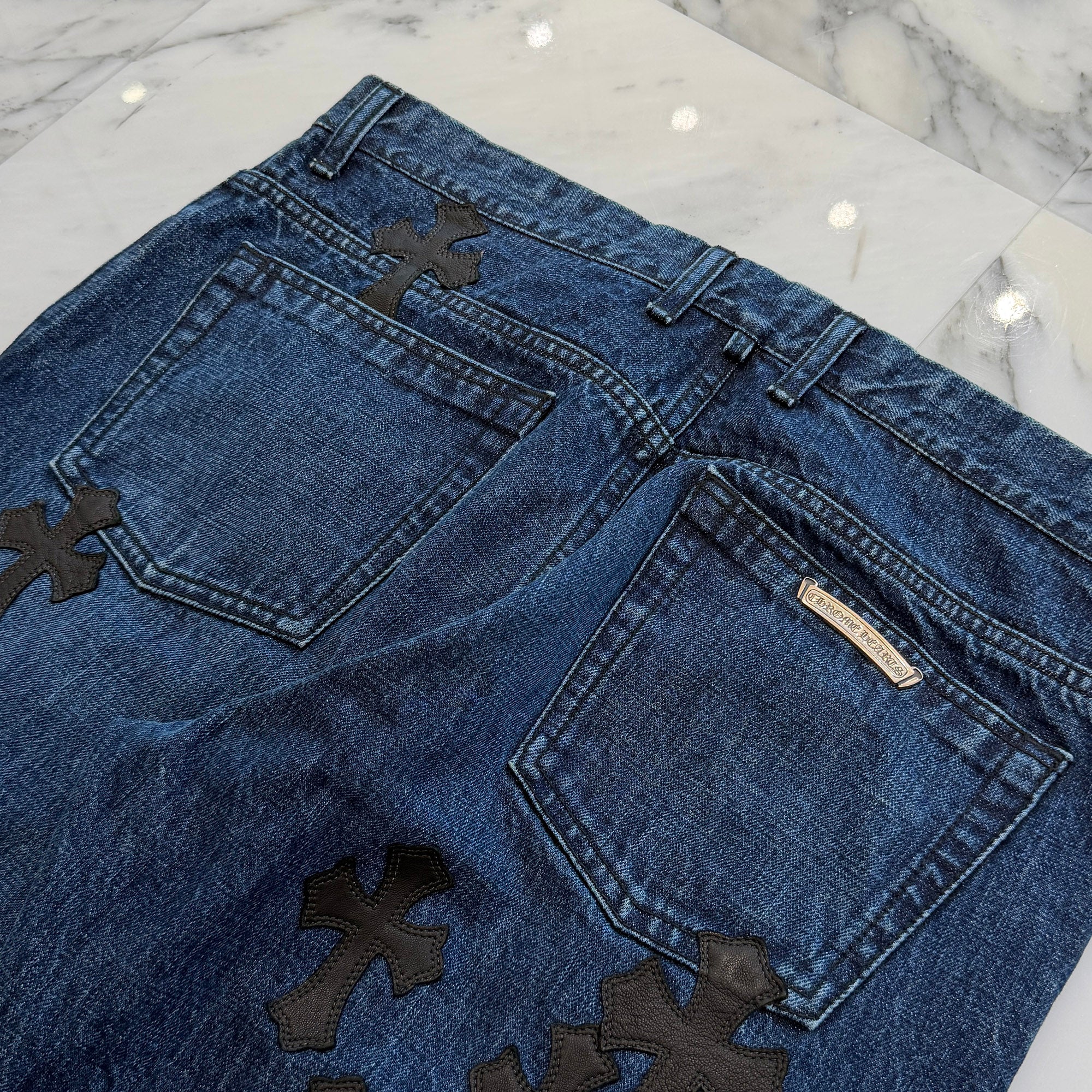CHROME HEARTS Flare Knee Cemetery Cross Leather Patch Denim Pants Size 36 クロムハーツ フレアニー セメタリークロスレザーパッチ デニムパンツ サイズ36