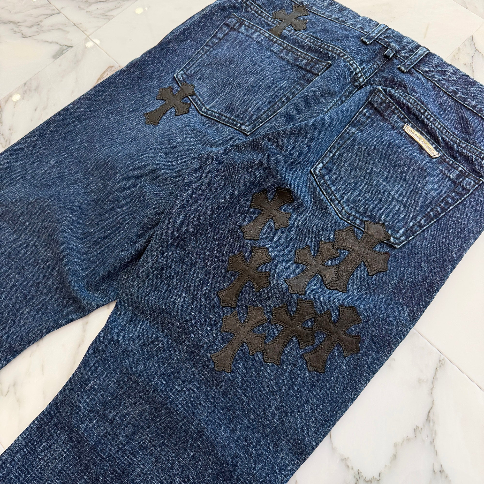 CHROME HEARTS Flare Knee Cemetery Cross Leather Patch Denim Pants Size 36 クロムハーツ フレアニー セメタリークロスレザーパッチ デニムパンツ サイズ36