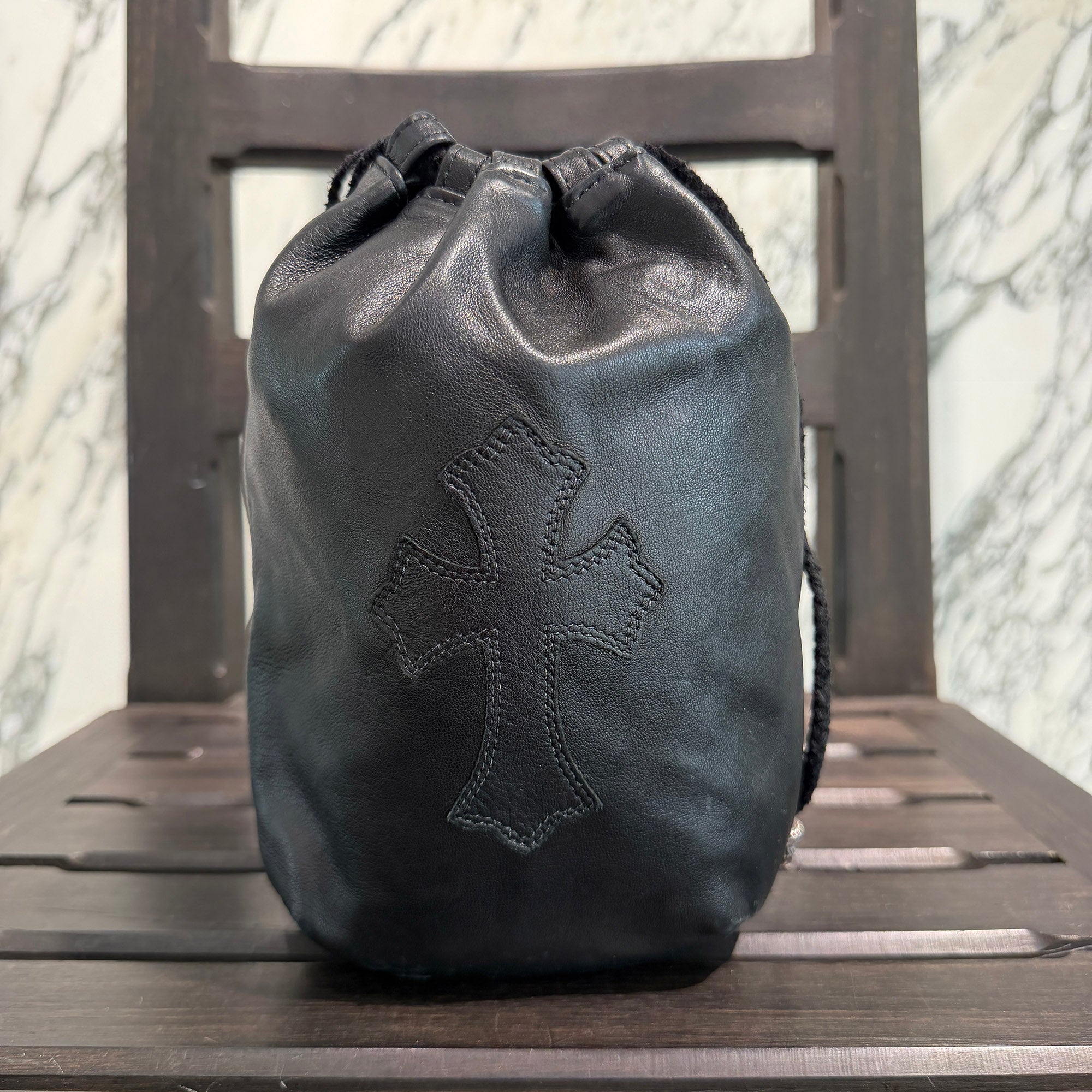 CHROME HEARTS Leather Cross Patch Drawstring Sack Leather Bag クロムハーツ レザークロスパッチ ドローストリング サックレザーバッグ 巾着
