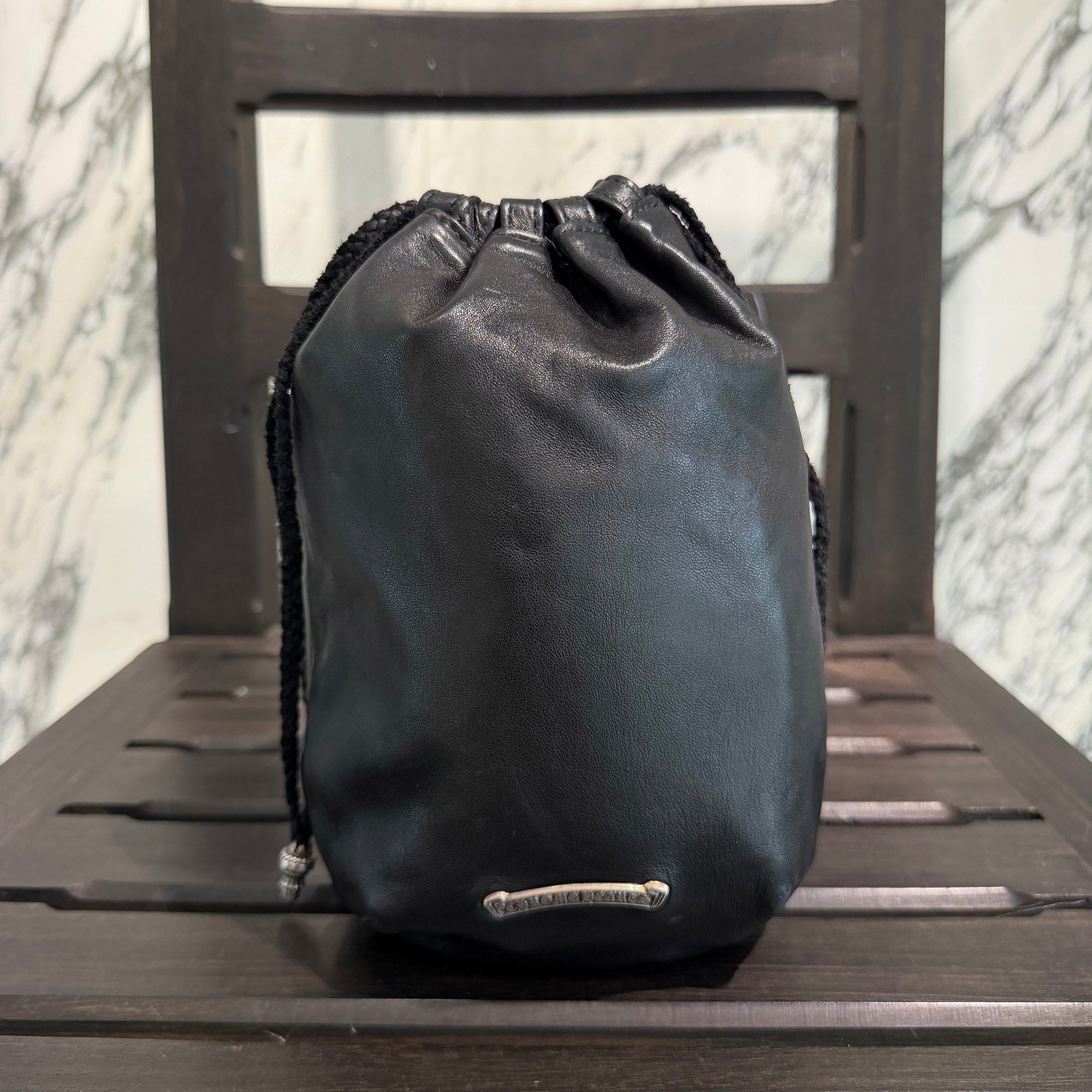 CHROME HEARTS Leather Cross Patch Drawstring Sack Leather Bag クロムハーツ レザークロスパッチ ドローストリング サックレザーバッグ 巾着