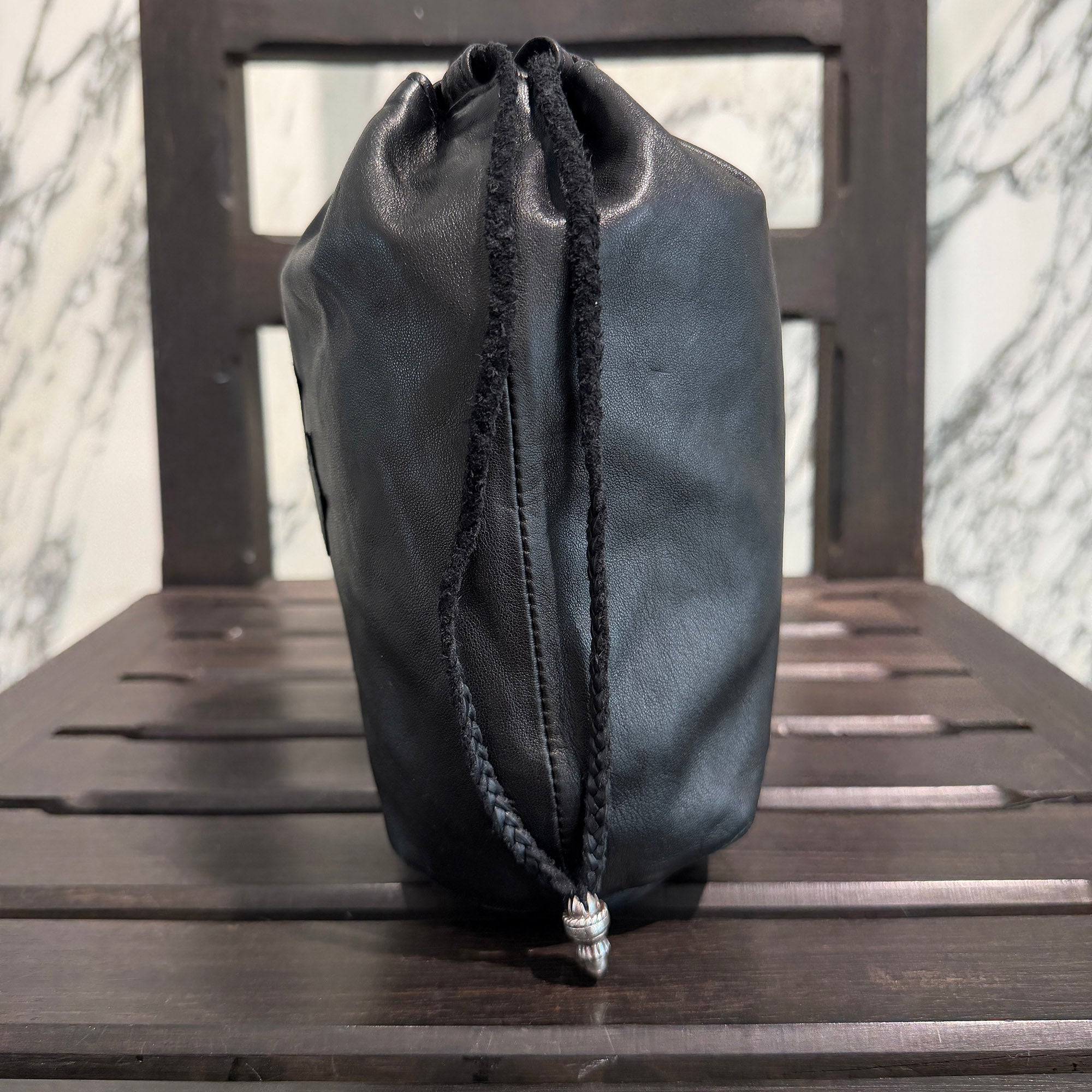 CHROME HEARTS Leather Cross Patch Drawstring Sack Leather Bag クロムハーツ レザークロスパッチ ドローストリング サックレザーバッグ 巾着
