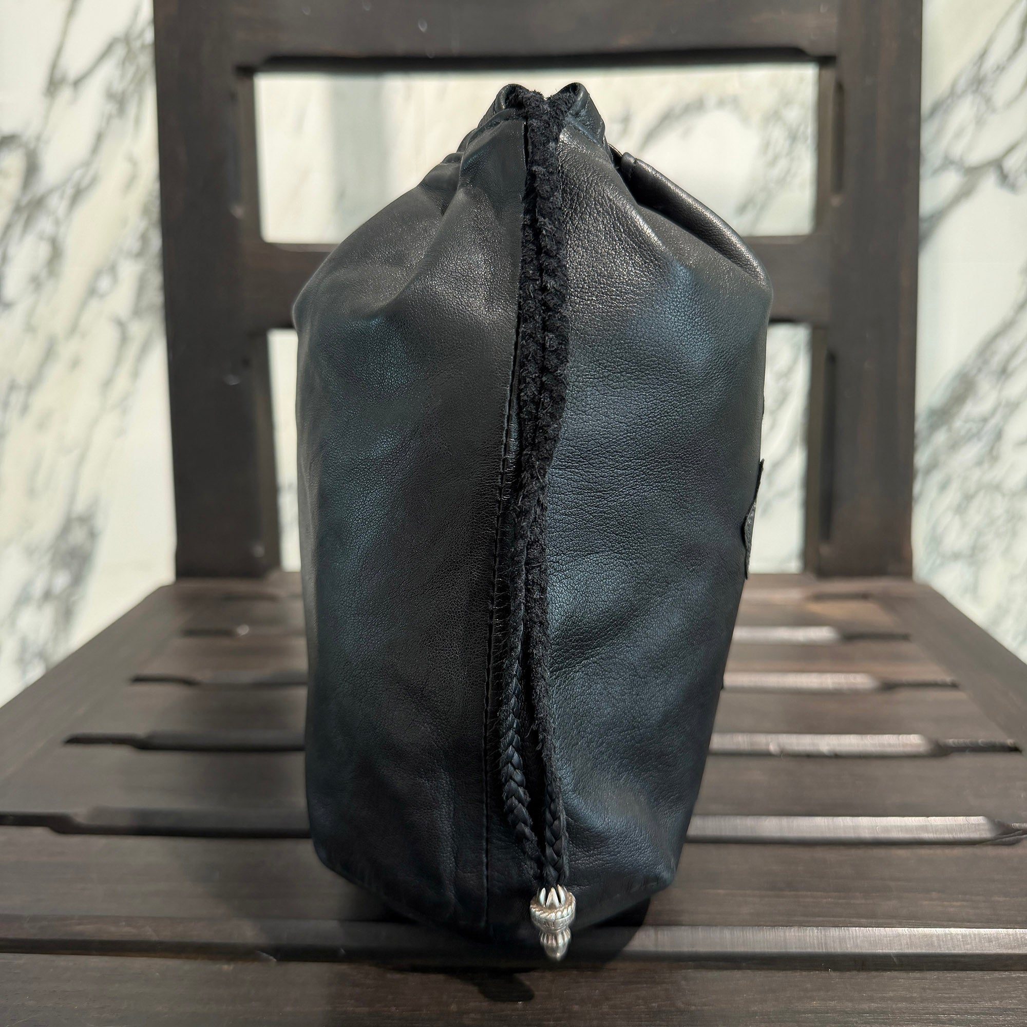 CHROME HEARTS Leather Cross Patch Drawstring Sack Leather Bag クロムハーツ レザークロスパッチ ドローストリング サックレザーバッグ 巾着