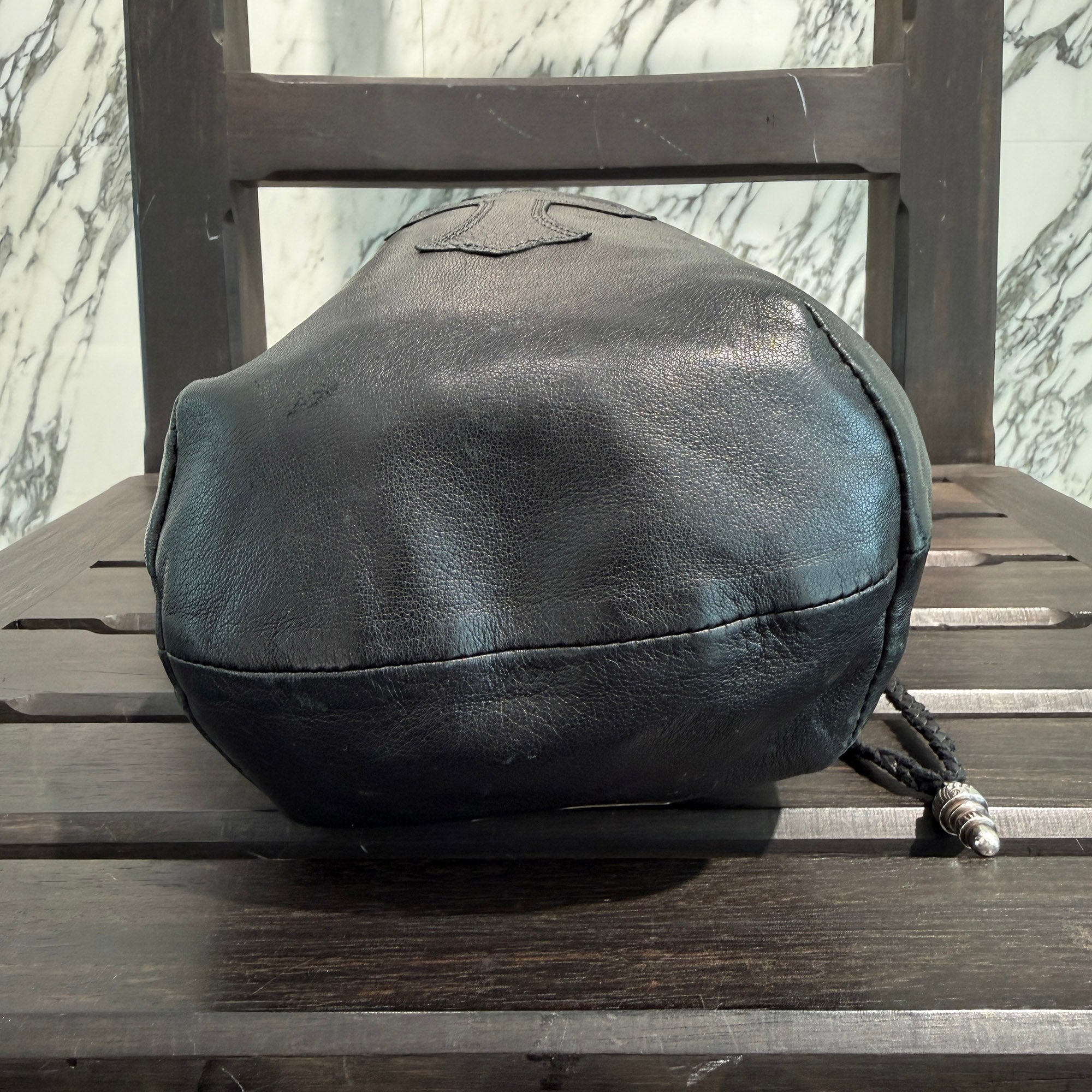 CHROME HEARTS Leather Cross Patch Drawstring Sack Leather Bag クロムハーツ レザークロスパッチ ドローストリング サックレザーバッグ 巾着