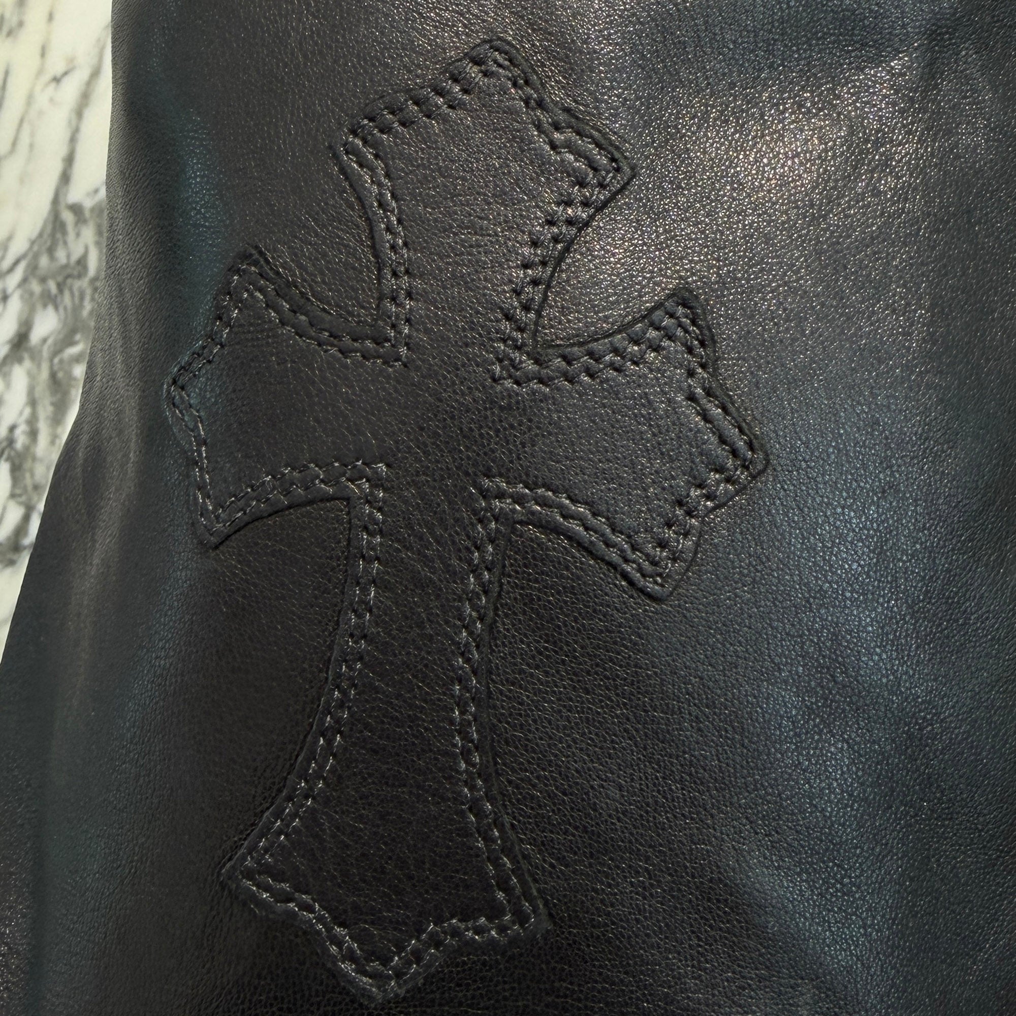 CHROME HEARTS Leather Cross Patch Drawstring Sack Leather Bag クロムハーツ レザークロスパッチ ドローストリング サックレザーバッグ 巾着