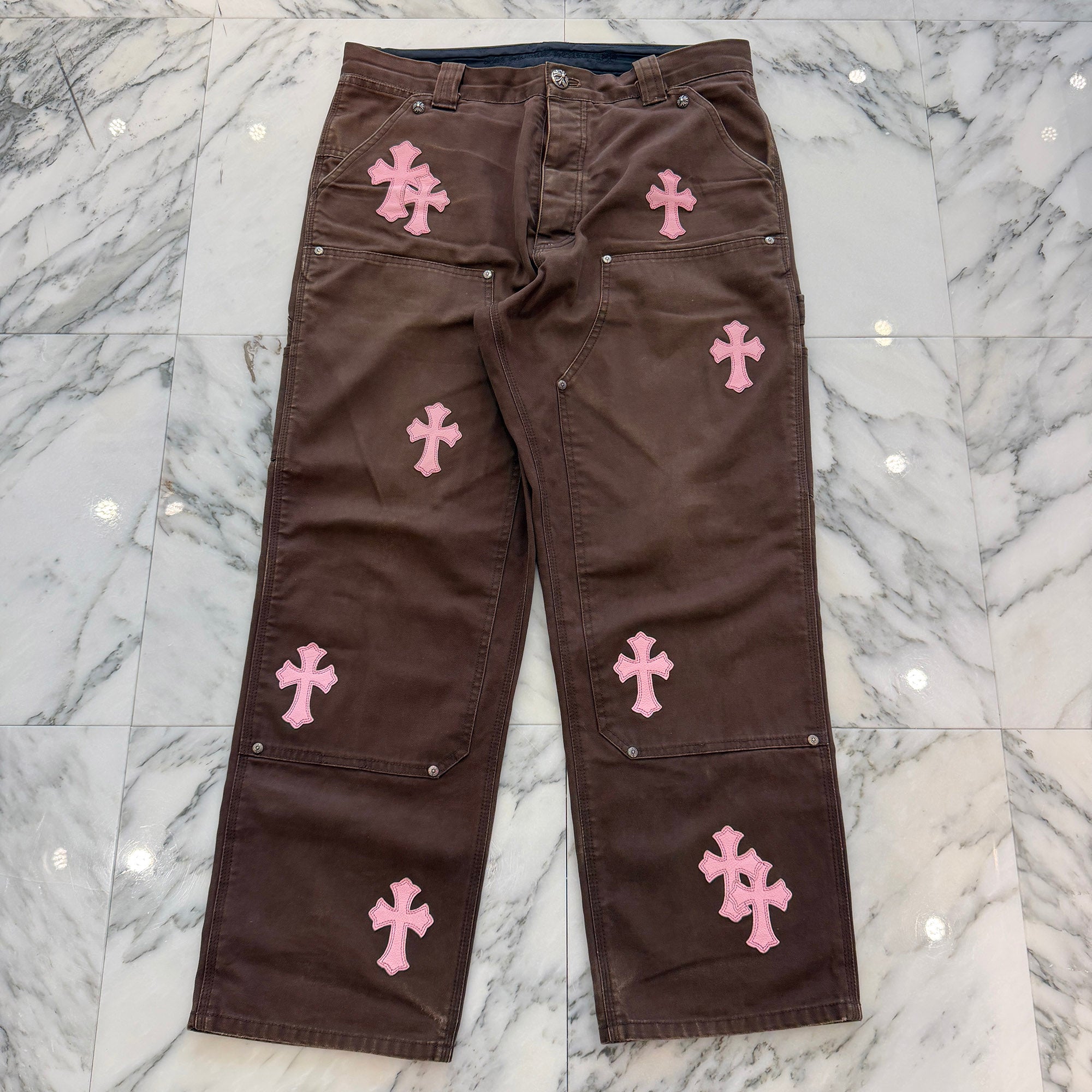 CHROME HEARTS Cross Leather Patch Carpenter Cross Ball Button Cotton Pants Size 34 クロムハーツ クロスレザーパッチ カーペンター クロスボールボタン コットンパンツ サイズ34