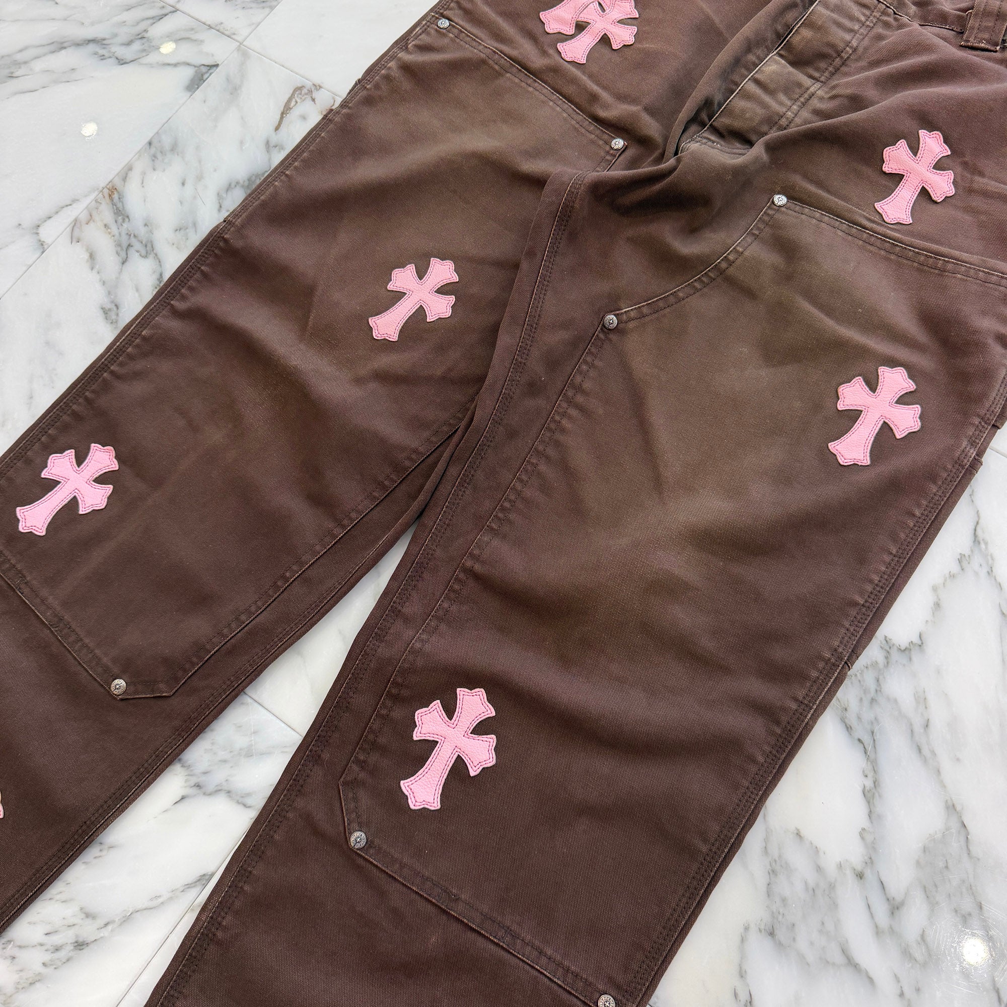 CHROME HEARTS Cross Leather Patch Carpenter Cross Ball Button Cotton Pants Size 34 クロムハーツ クロスレザーパッチ カーペンター クロスボールボタン コットンパンツ サイズ34